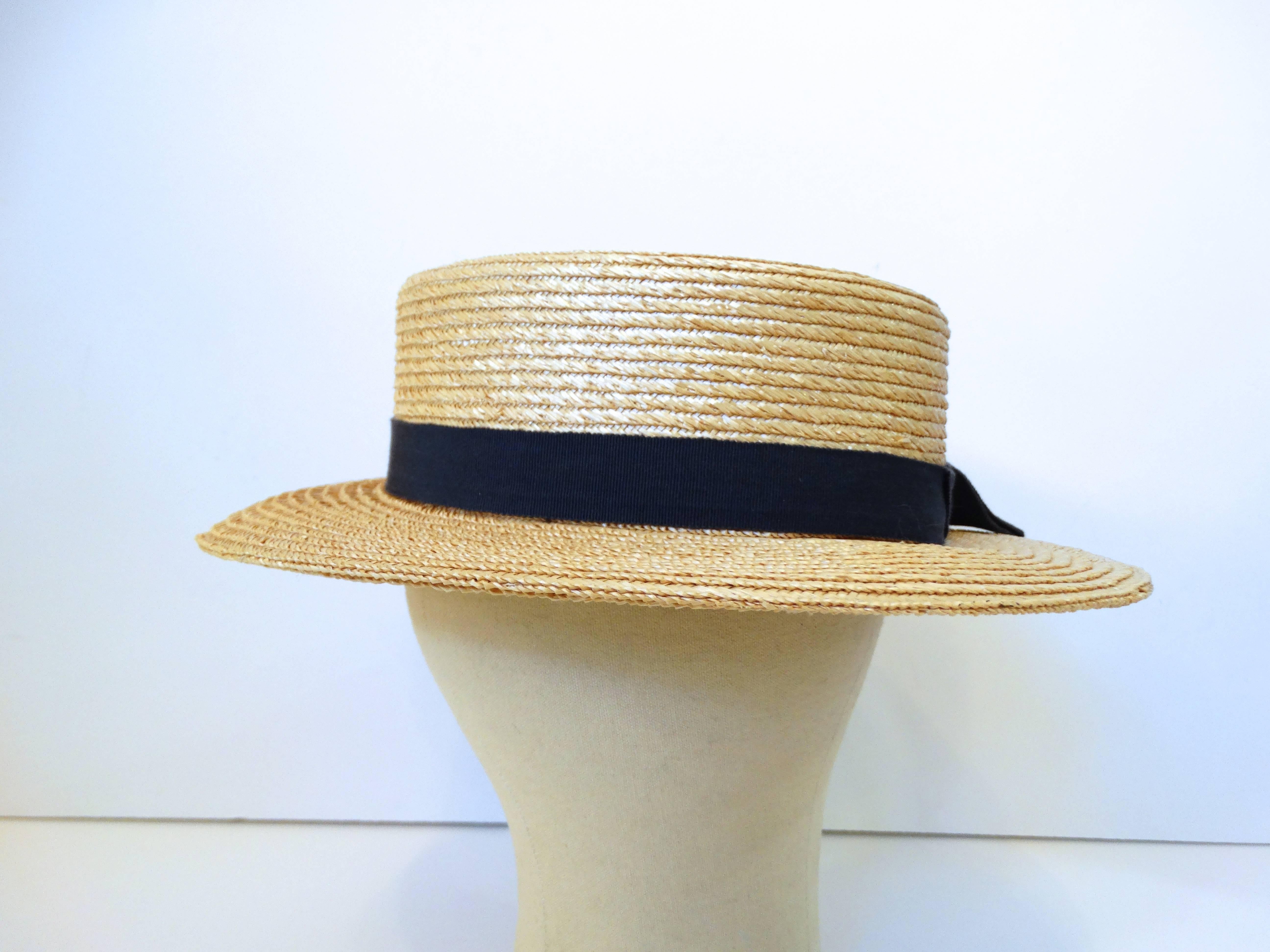 Women's Rare 1980s Yves Saint Laurent Rive Gauche Straw Boater Hat 