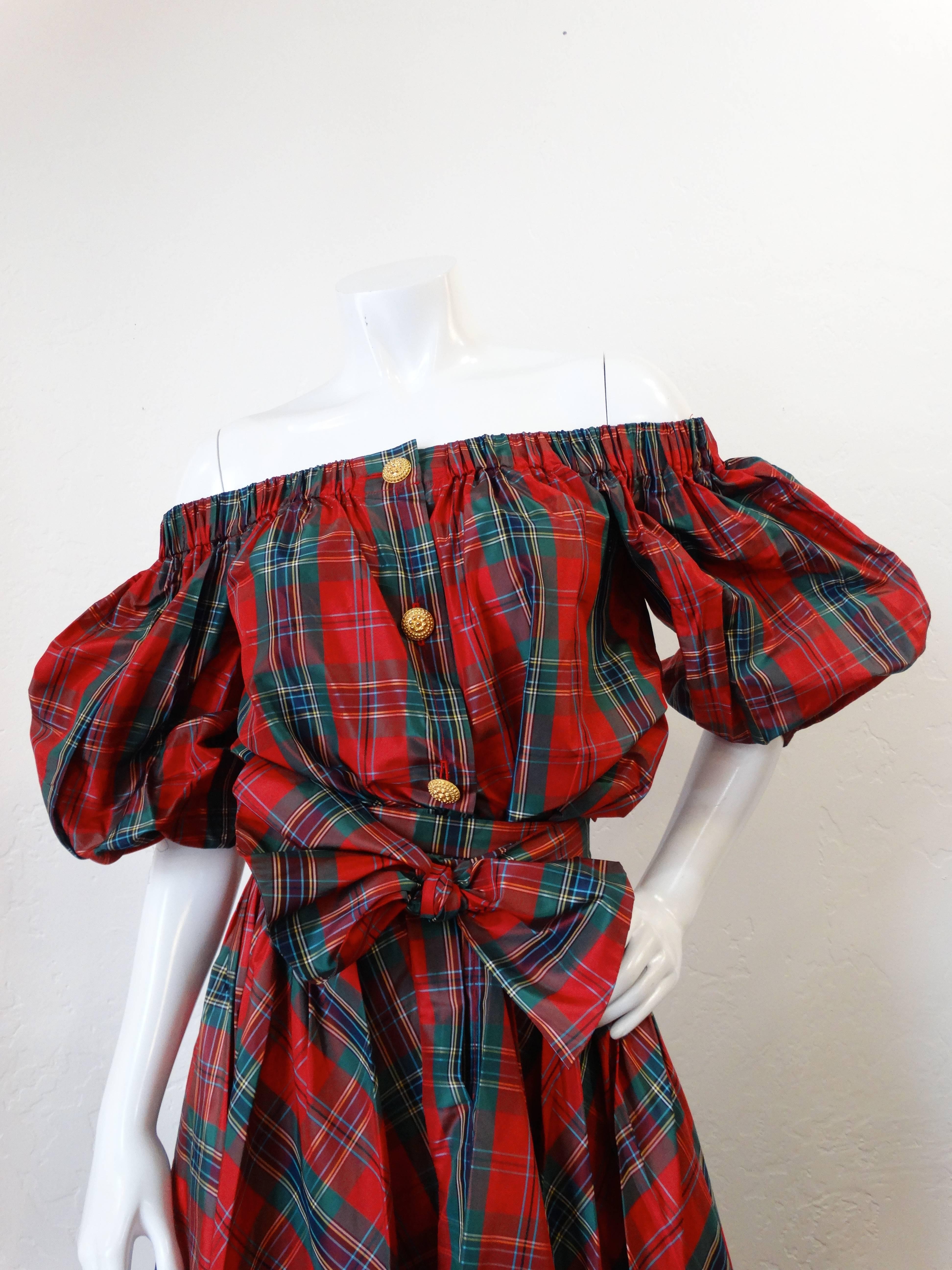 Rare 1970's Yves Saint Laurent Tartan Off the Shoulder Silk Blouse and Skirt In Excellent Condition In Scottsdale, AZ