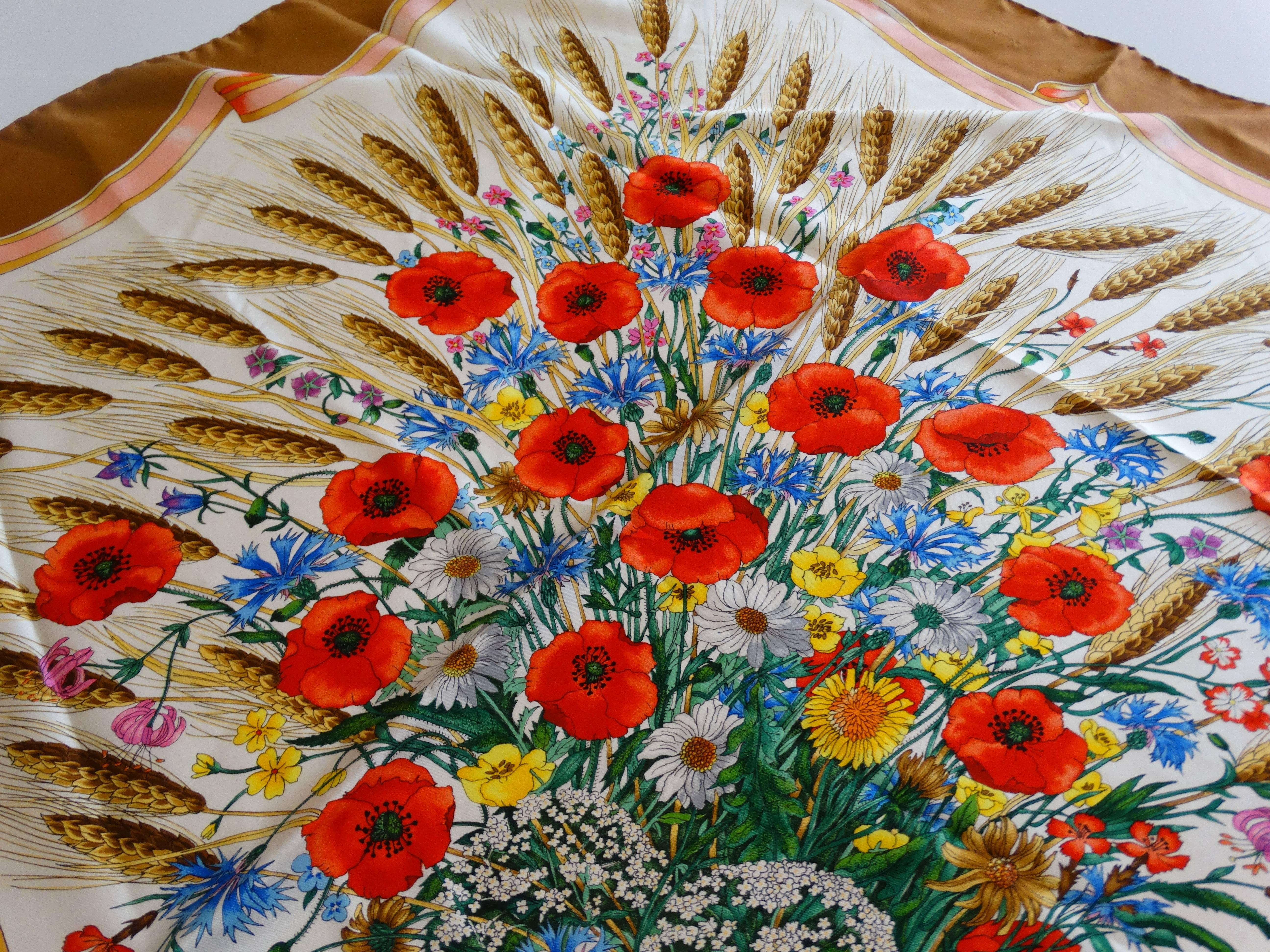 Early 1970's Scarf  Spighe, Wheat ears printed on silk,  gorgeous bouquet of poppy flowers and wheat coming out of one corner and around it. Desined by the famous renowned illustrator Vittorio Accornero rich colors of neutrals and peach. This large