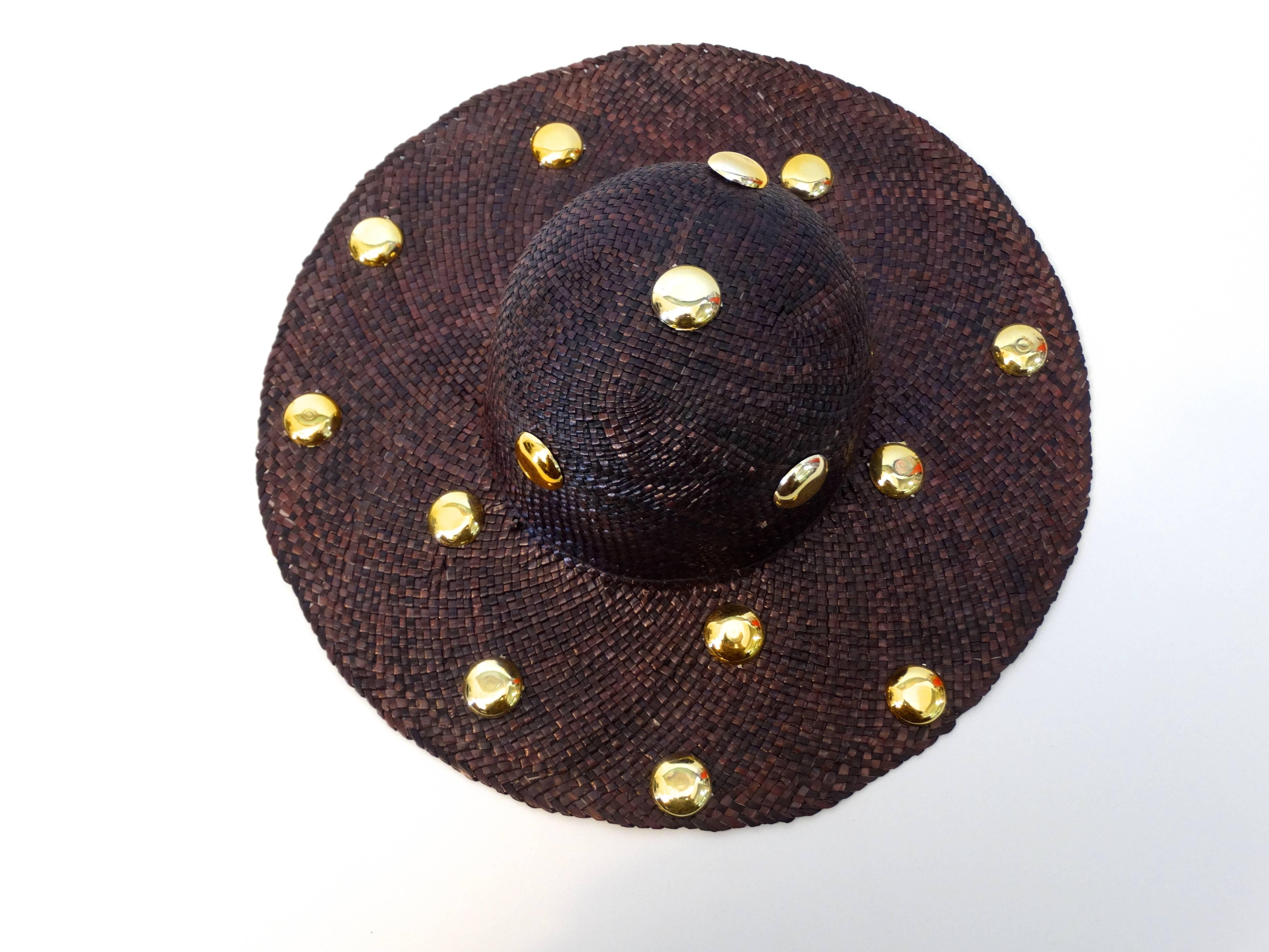 Saks Fifth Avenue Purple Wide Brim Hat with Gold Studs, 1980s   In Good Condition In Scottsdale, AZ