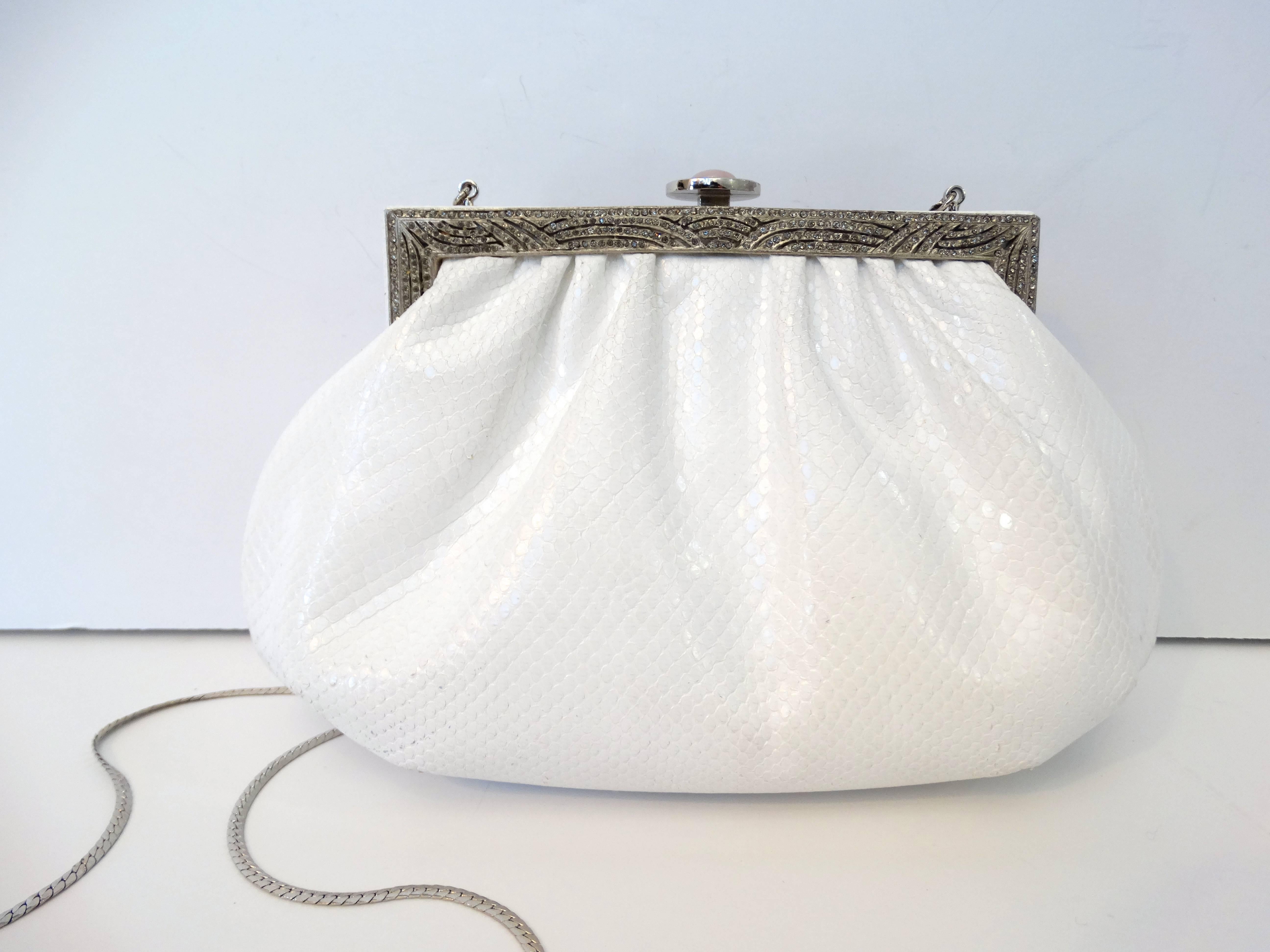 1980s Judith Leiber Art Deco White Karung Snakeskin Handbag with Silver Chain In Excellent Condition In Scottsdale, AZ