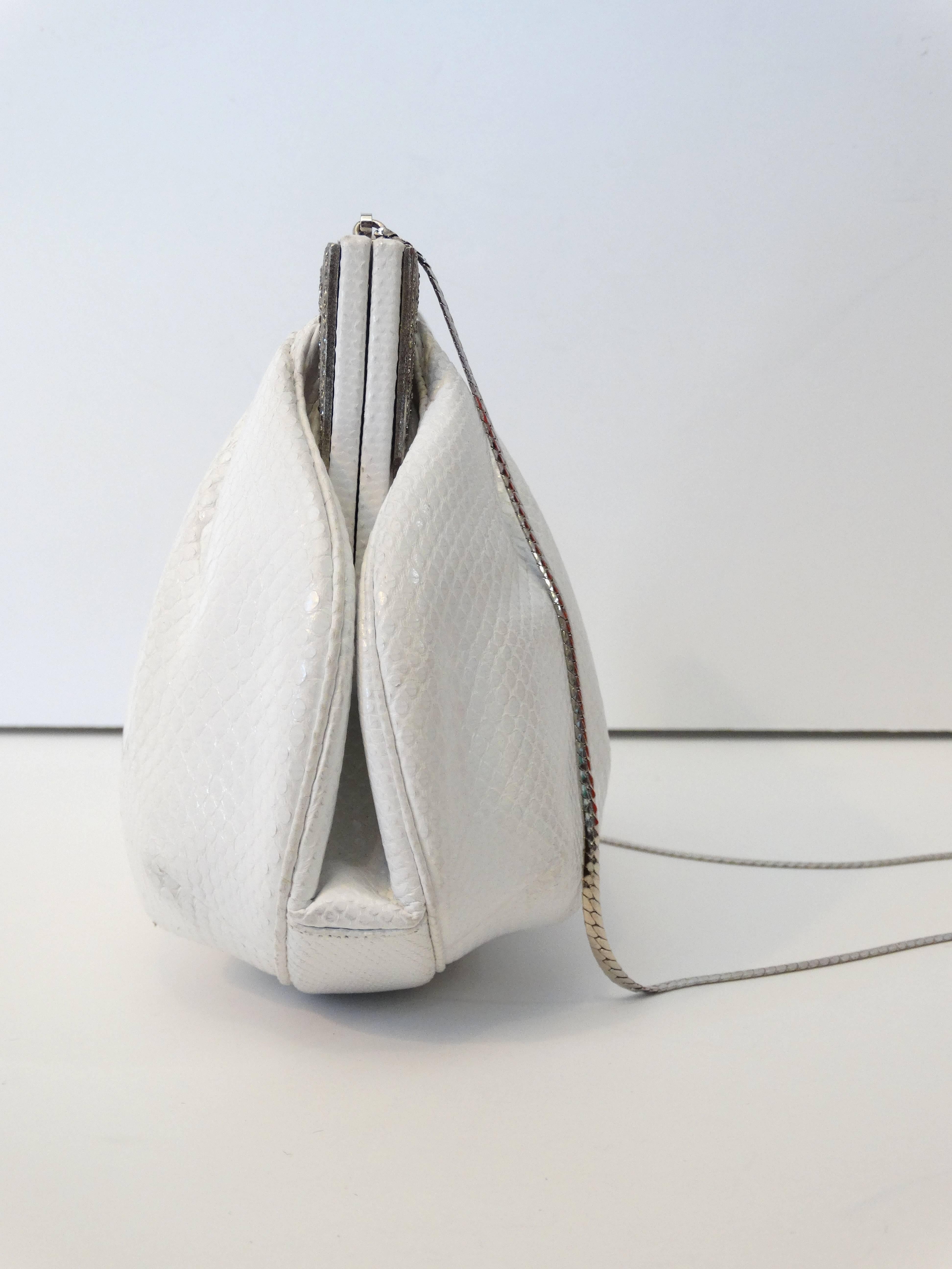1980s Judith Leiber Art Deco White Karung Snakeskin Handbag with Silver Chain 2