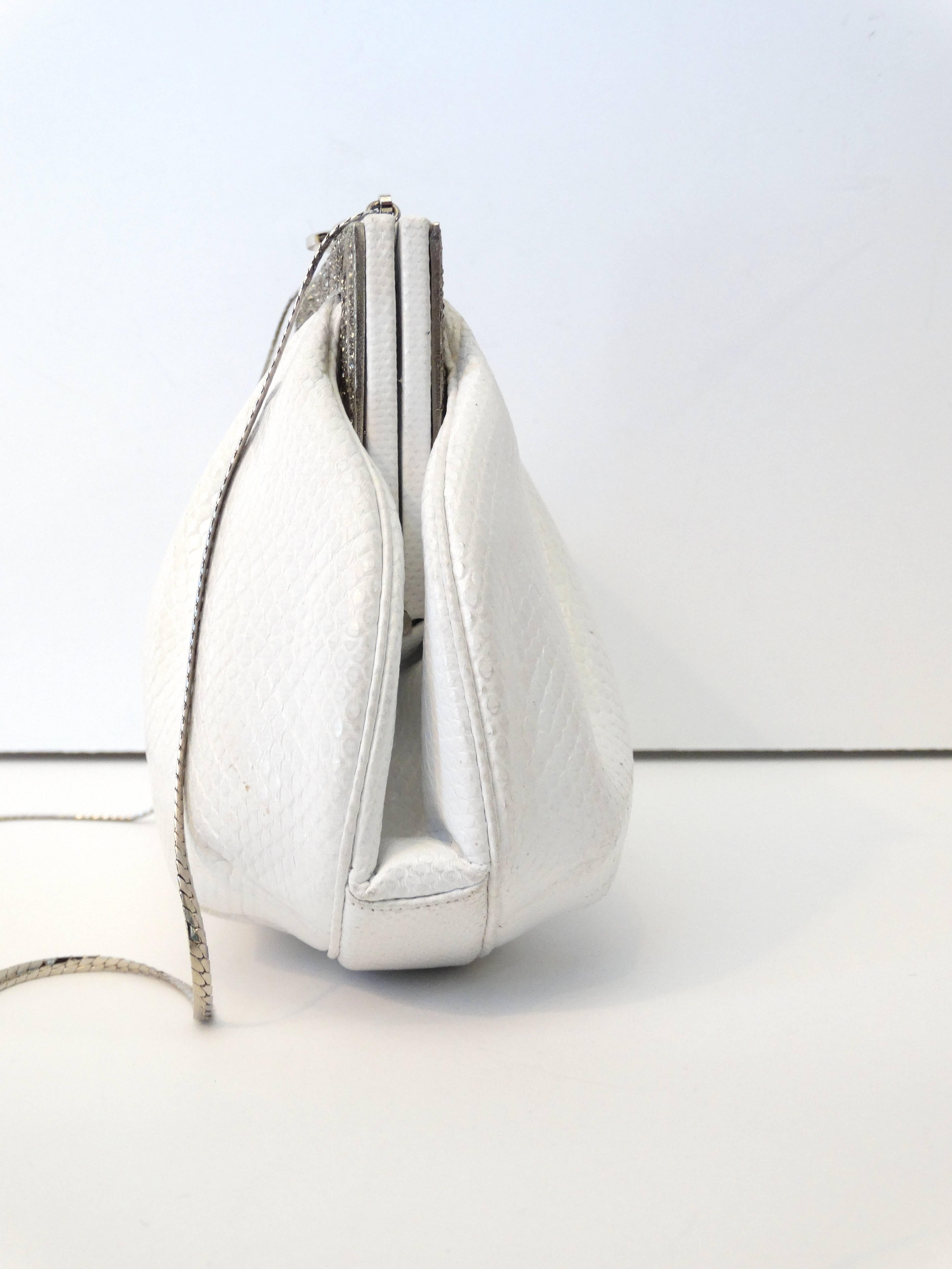 Women's 1980s Judith Leiber Art Deco White Karung Snakeskin Handbag with Silver Chain