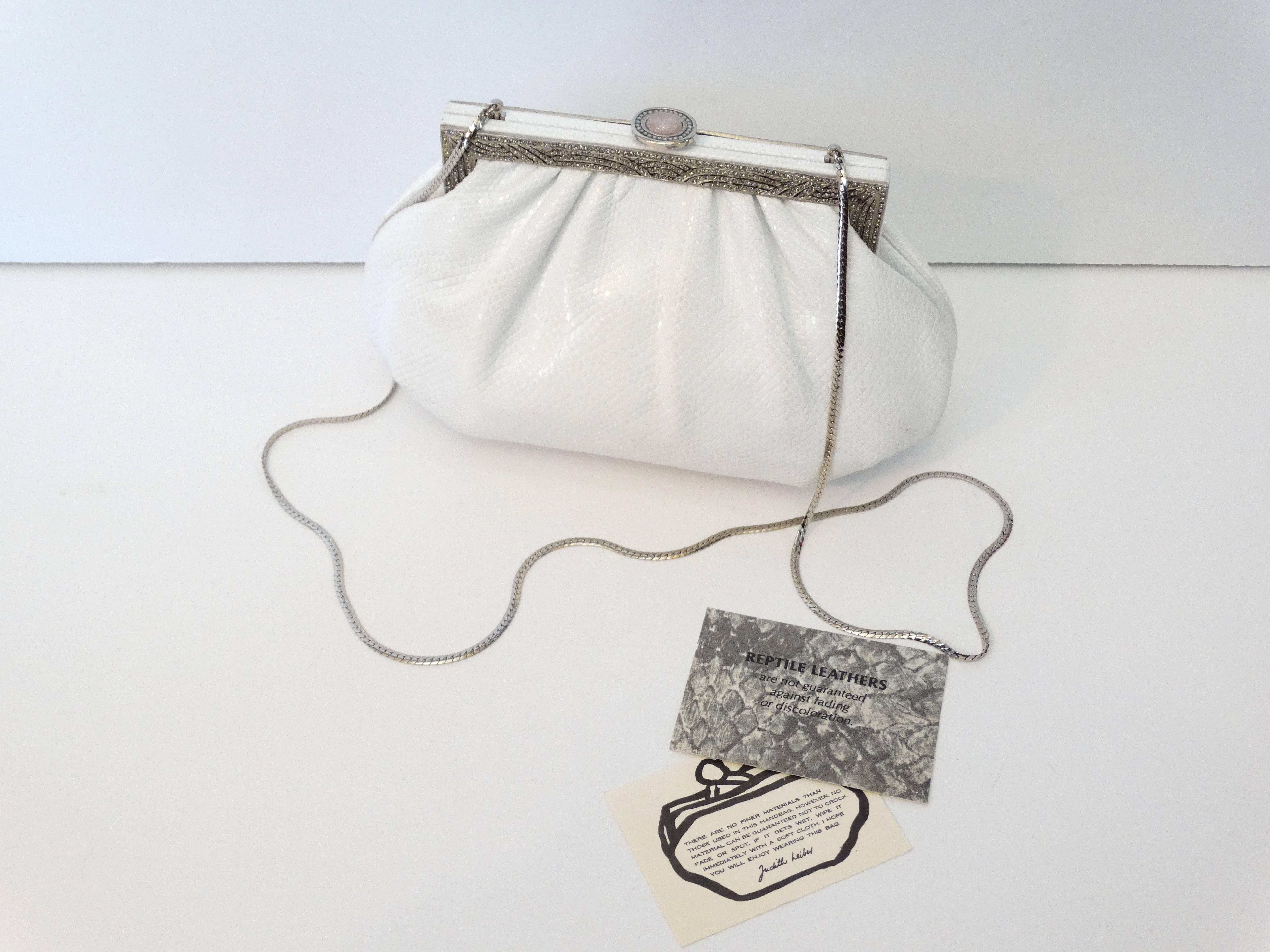 1980s Judith Leiber Art Deco White Karung Snakeskin Handbag with Silver Chain 1