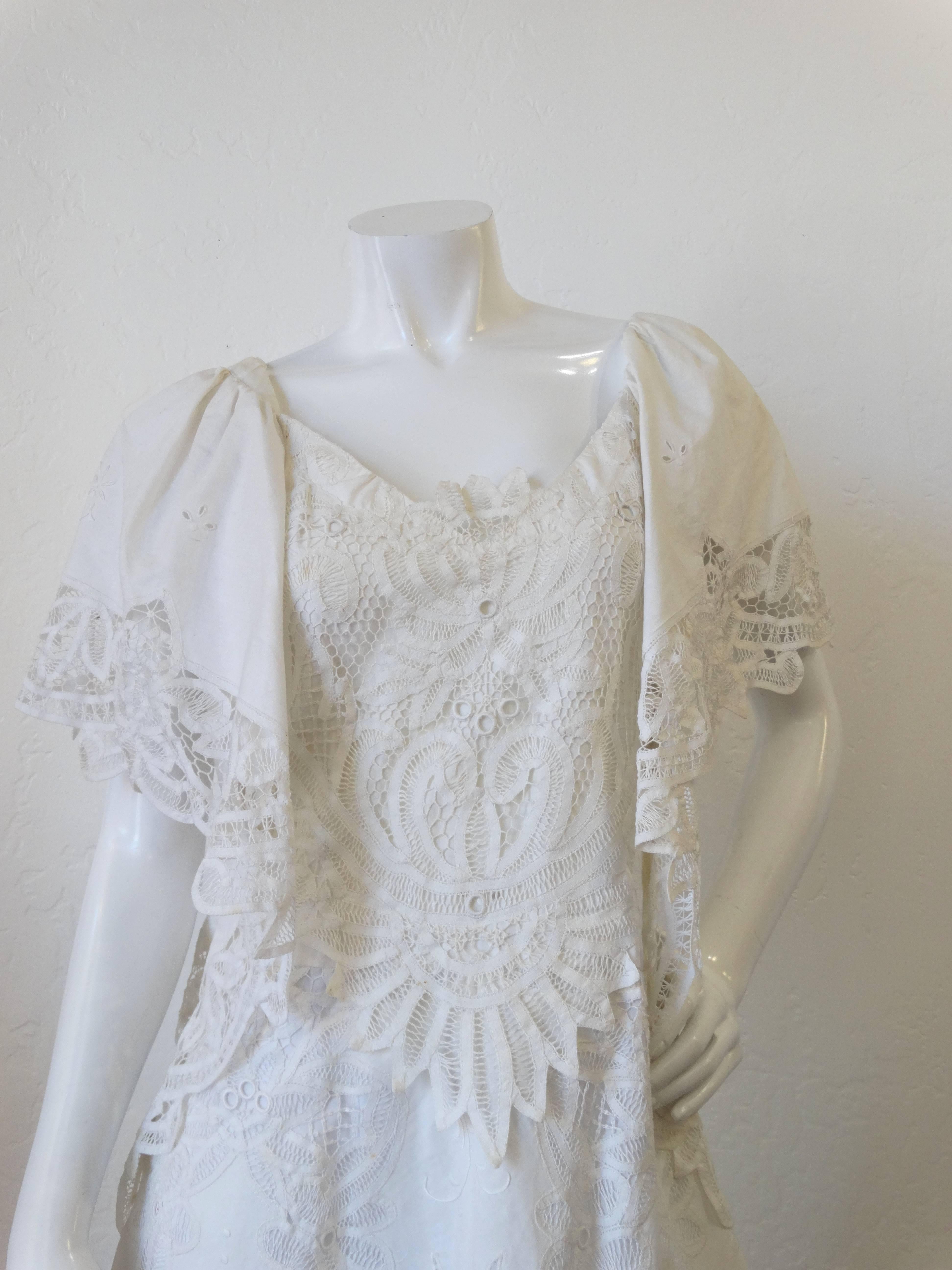 Women's Cream Lace Applique Handkerchief Dress, 1970s 