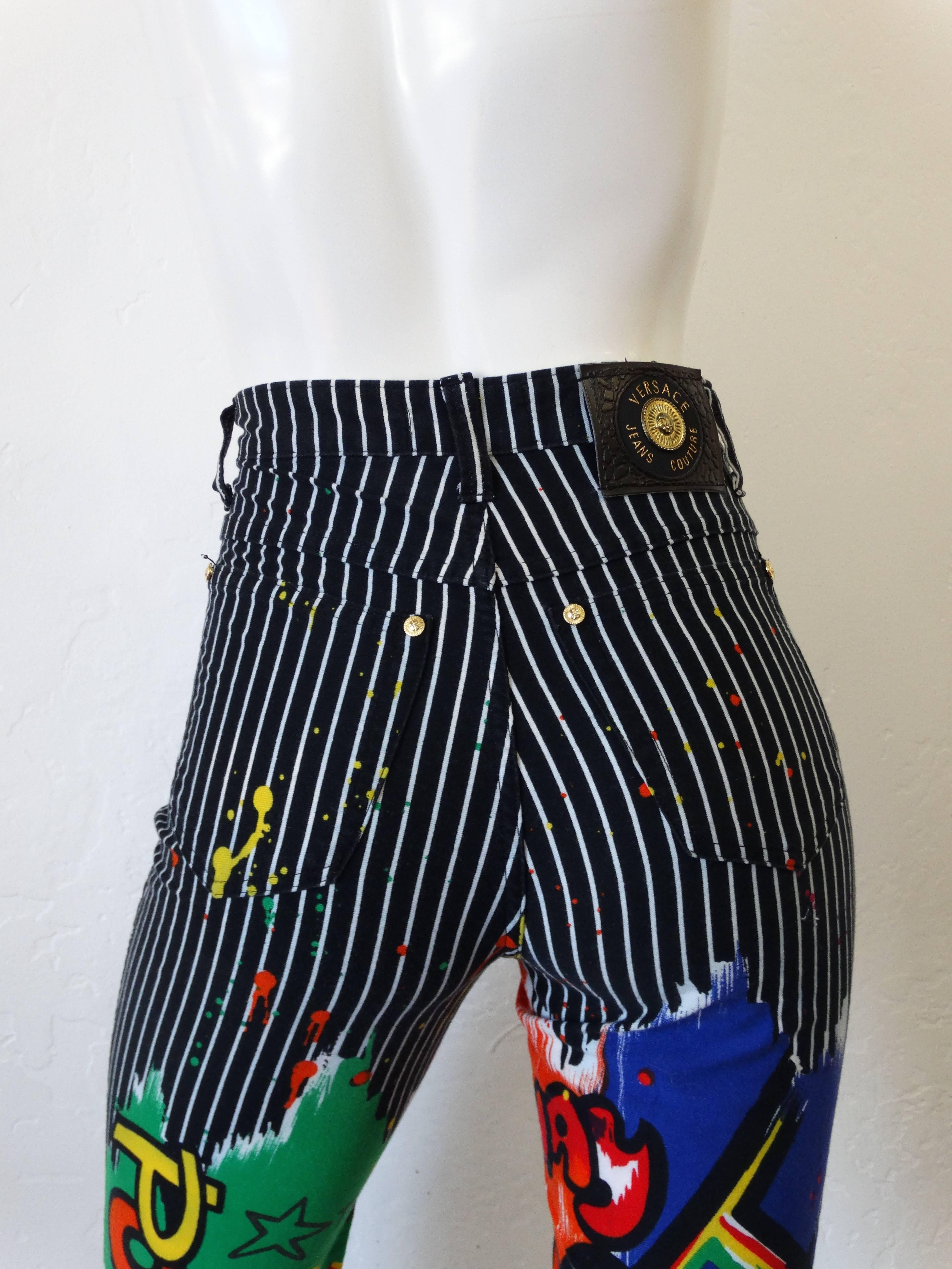 Black 1990s Versace Graphic Graffiti Pinstripe Jeans