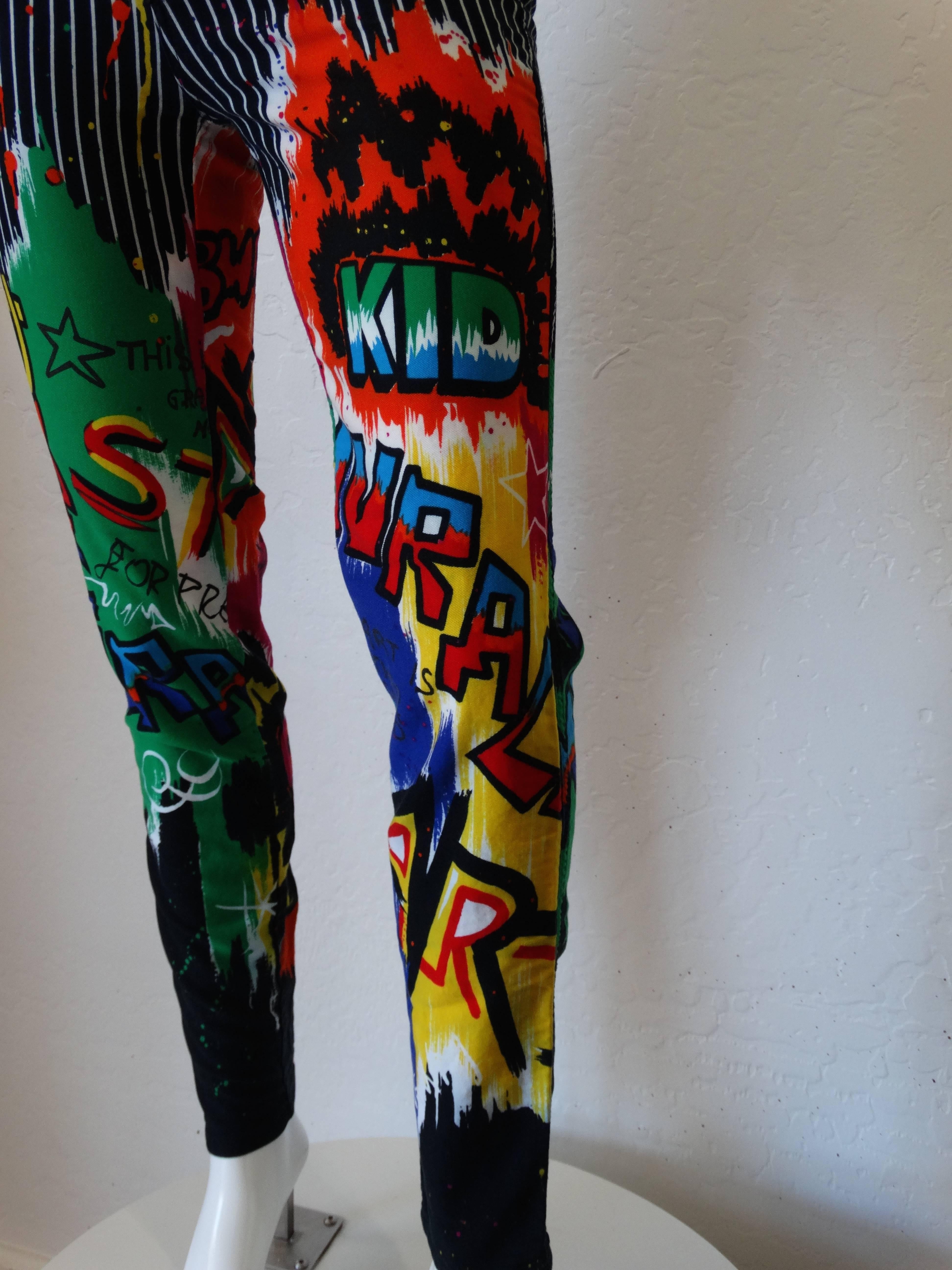 1990s Versace Graphic Graffiti Pinstripe Jeans In Excellent Condition In Scottsdale, AZ