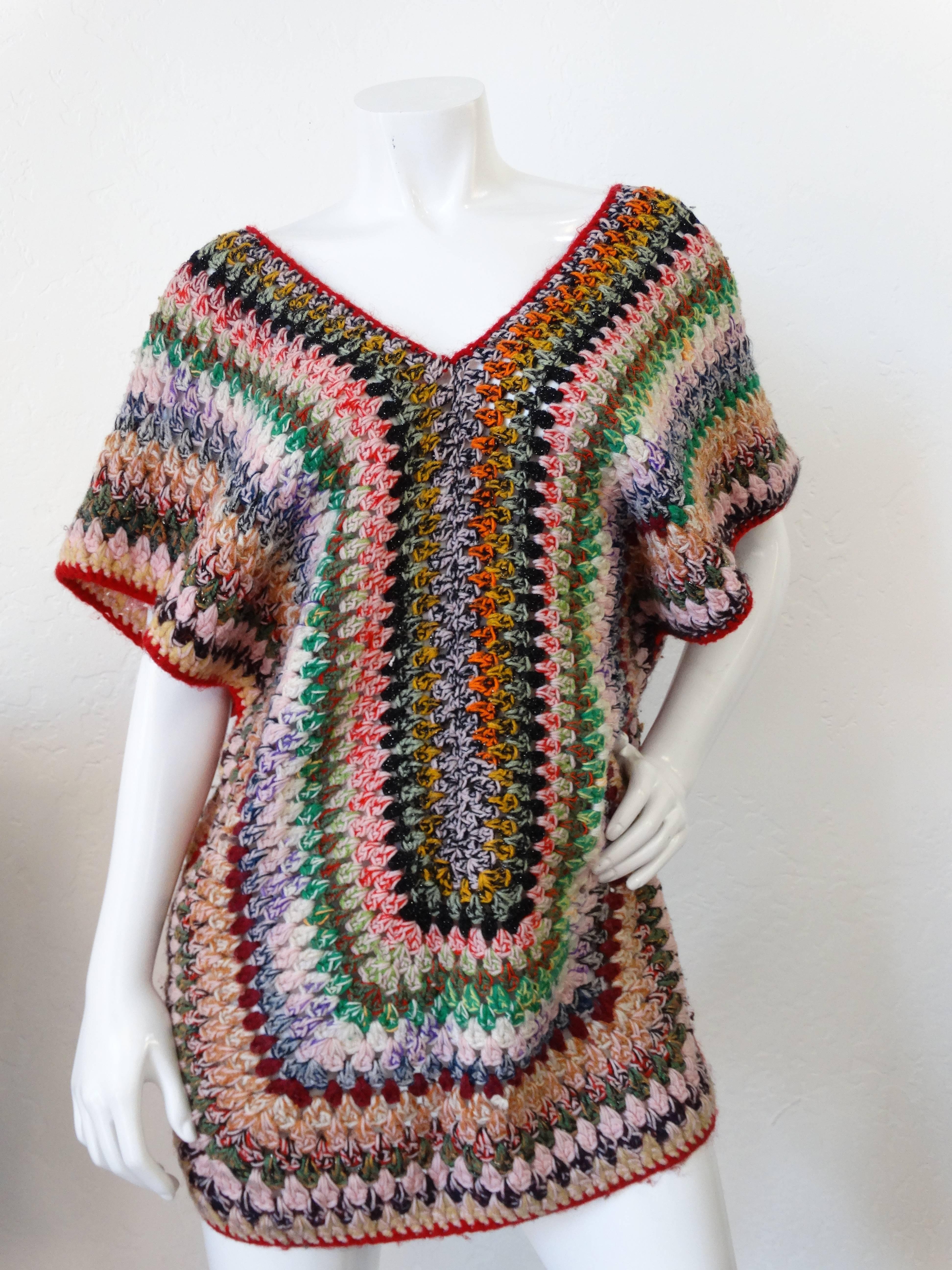 Brown Chic 1970s Bohemian Multicolored Knit Poncho Top