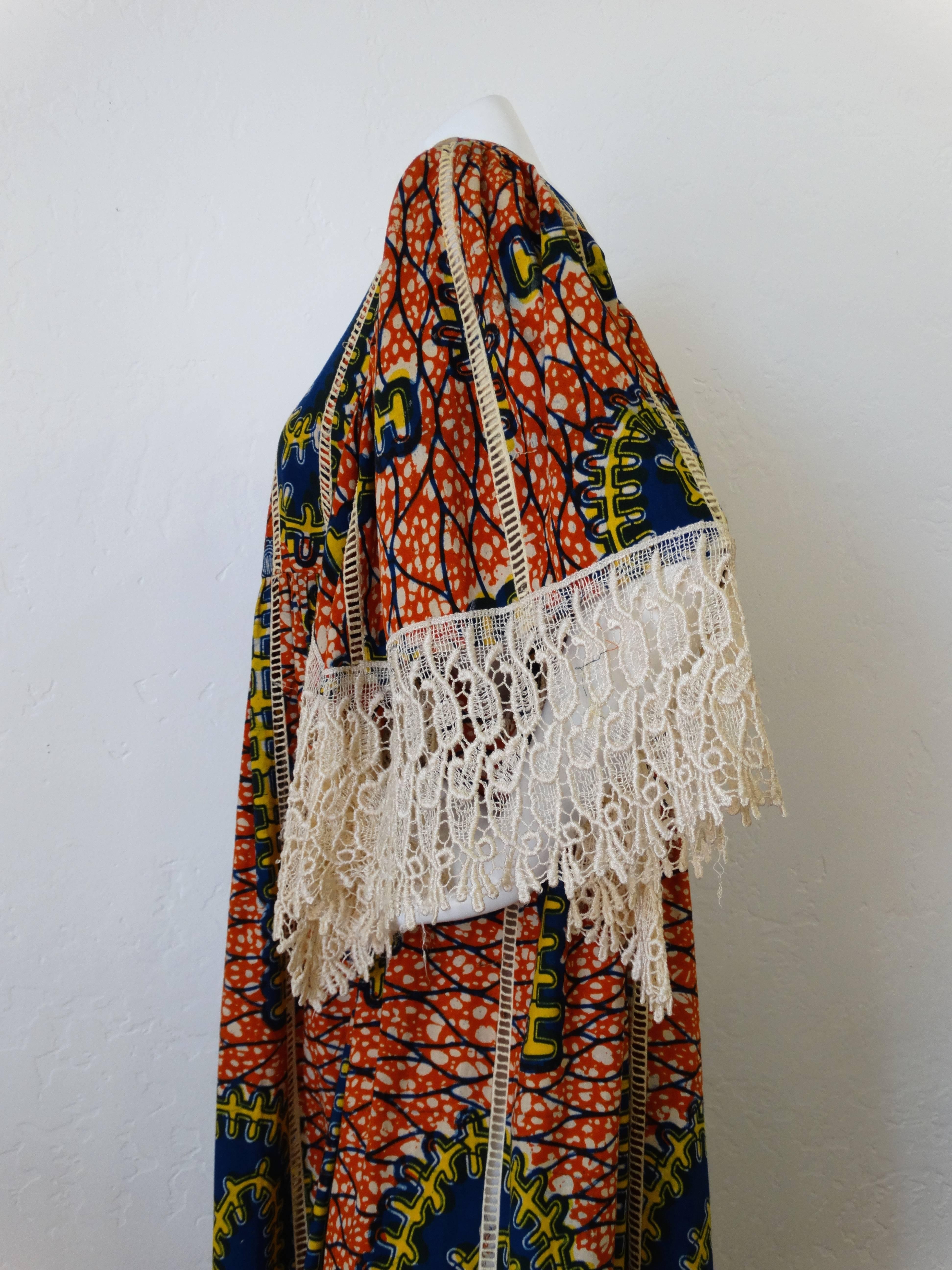 1970s African Viscose Batik Maxi Dress with Lace 1