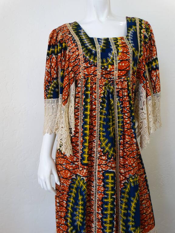 1970s African Viscose Batik Maxi Dress with Lace at 1stdibs