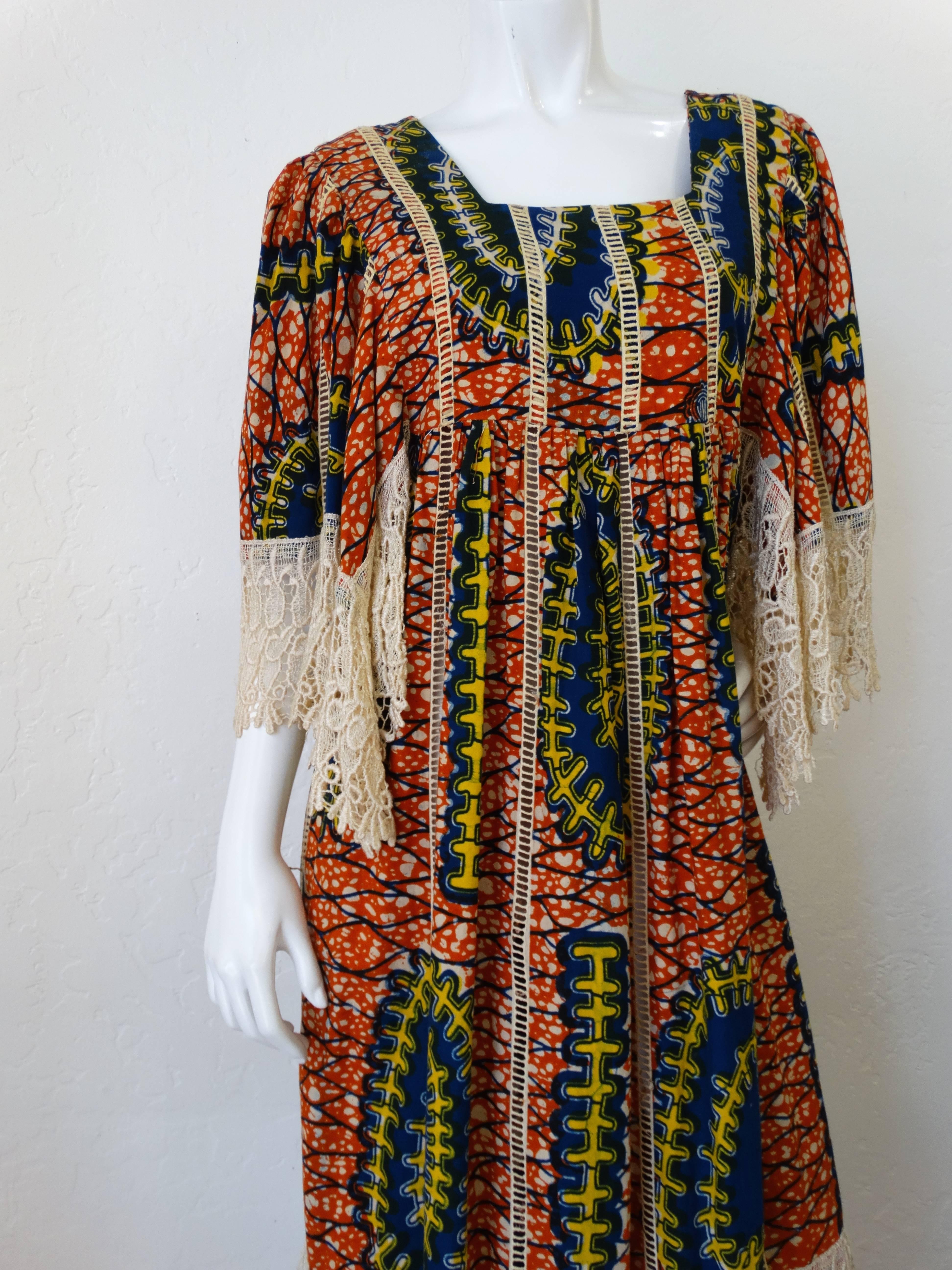 Brown 1970s African Viscose Batik Maxi Dress with Lace