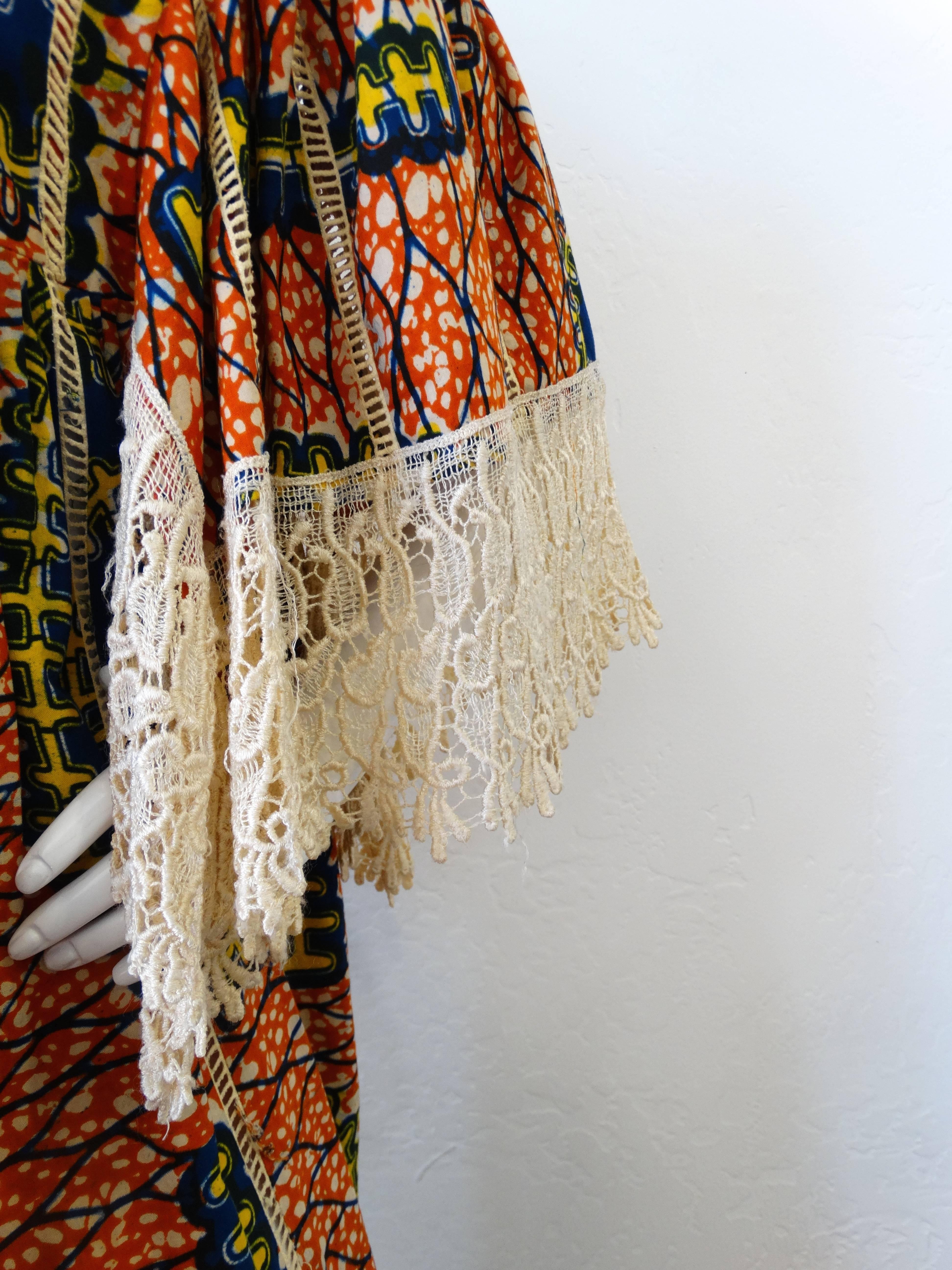 Women's 1970s African Viscose Batik Maxi Dress with Lace