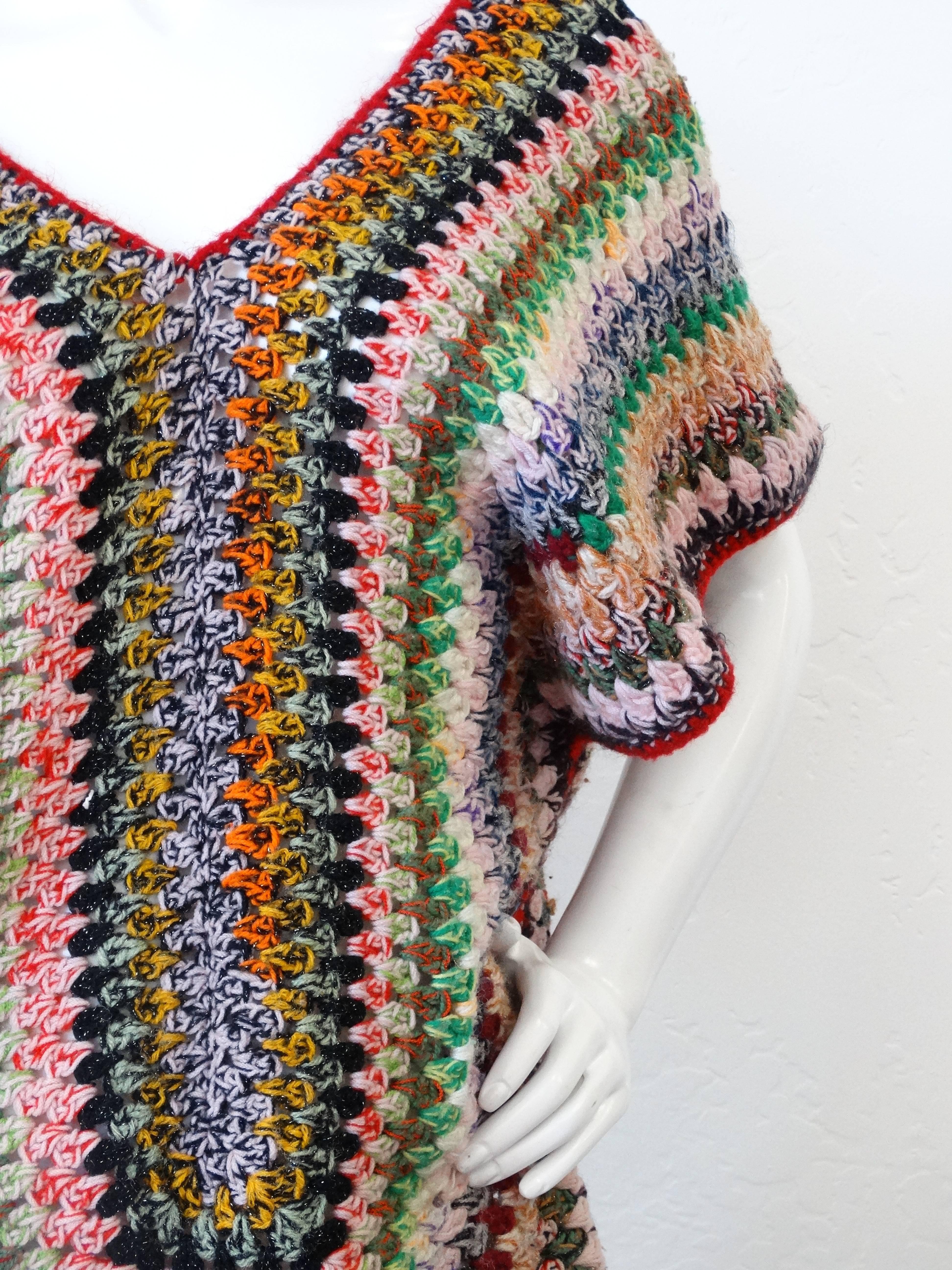 Women's Chic 1970s Bohemian Multicolored Knit Poncho Top