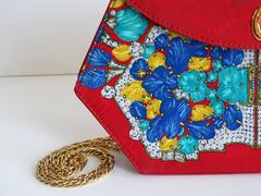 Rare Les Must de Cartier Red Silk GemStone Design Clutch Bag
