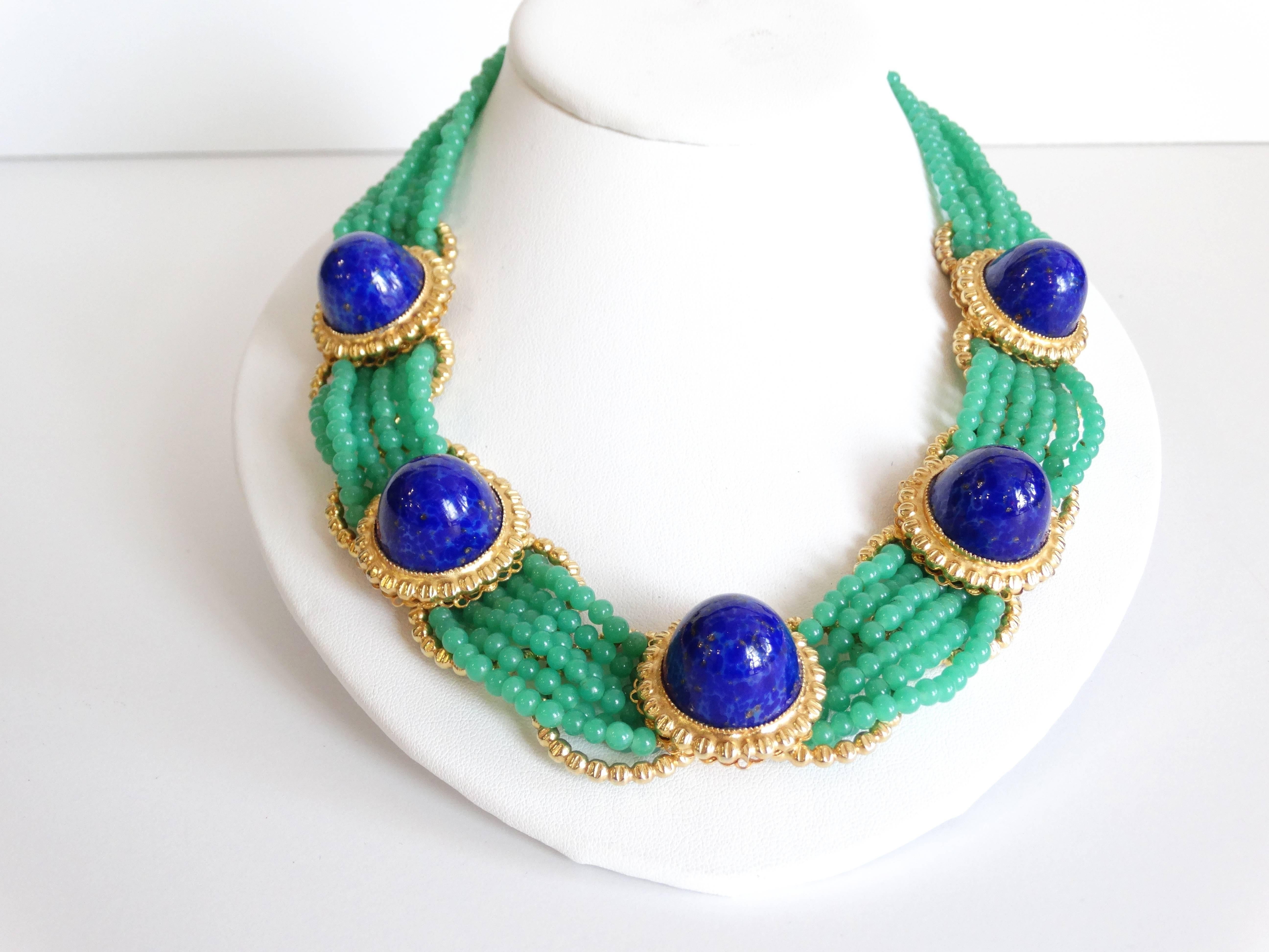 Women's or Men's 1975 William de Lillo Jade Cameo Glass and Lapis Lazuli Collar Necklace 