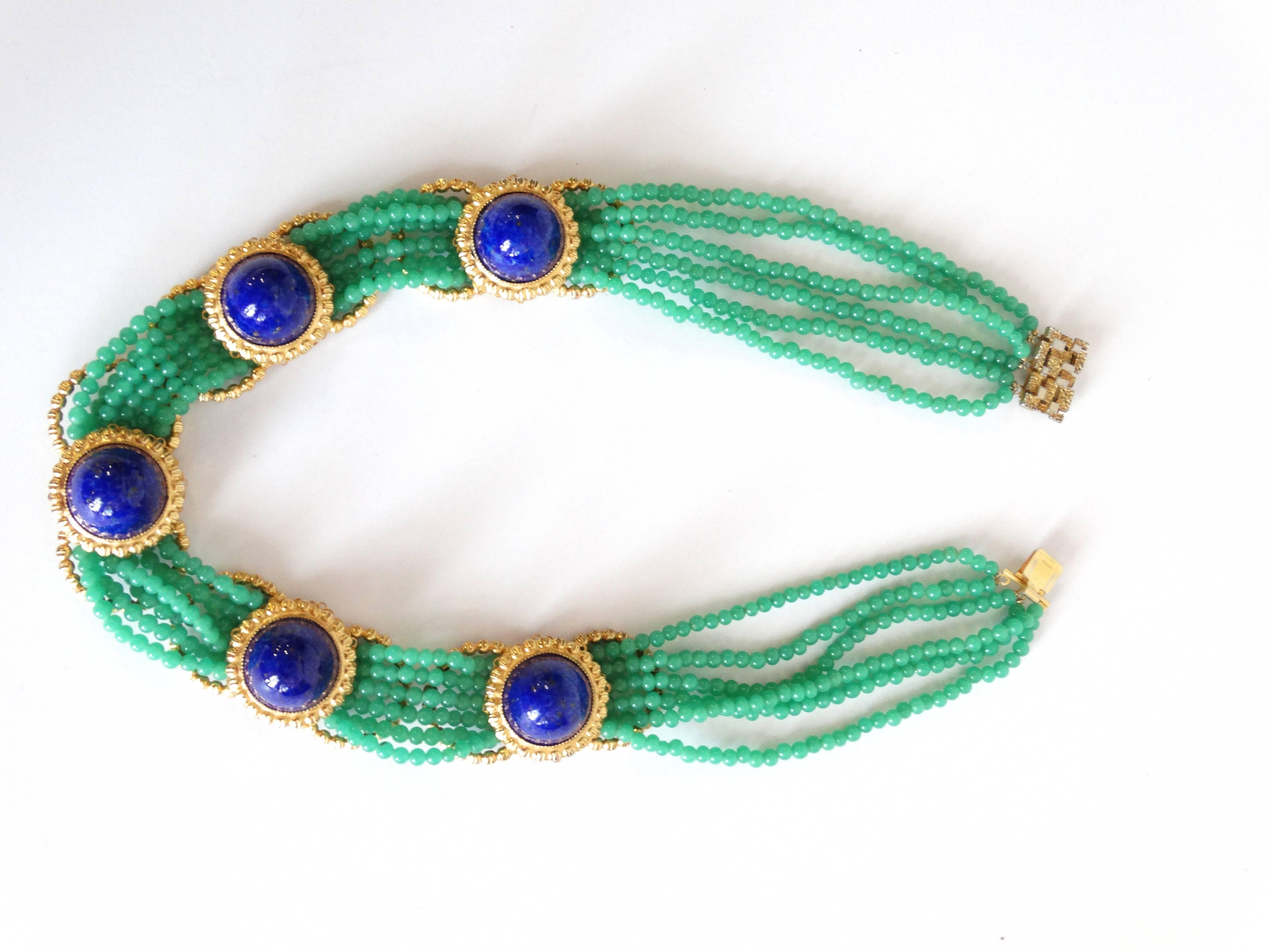 1975 William de Lillo Jade Cameo Glass and Lapis Lazuli Collar Necklace  1