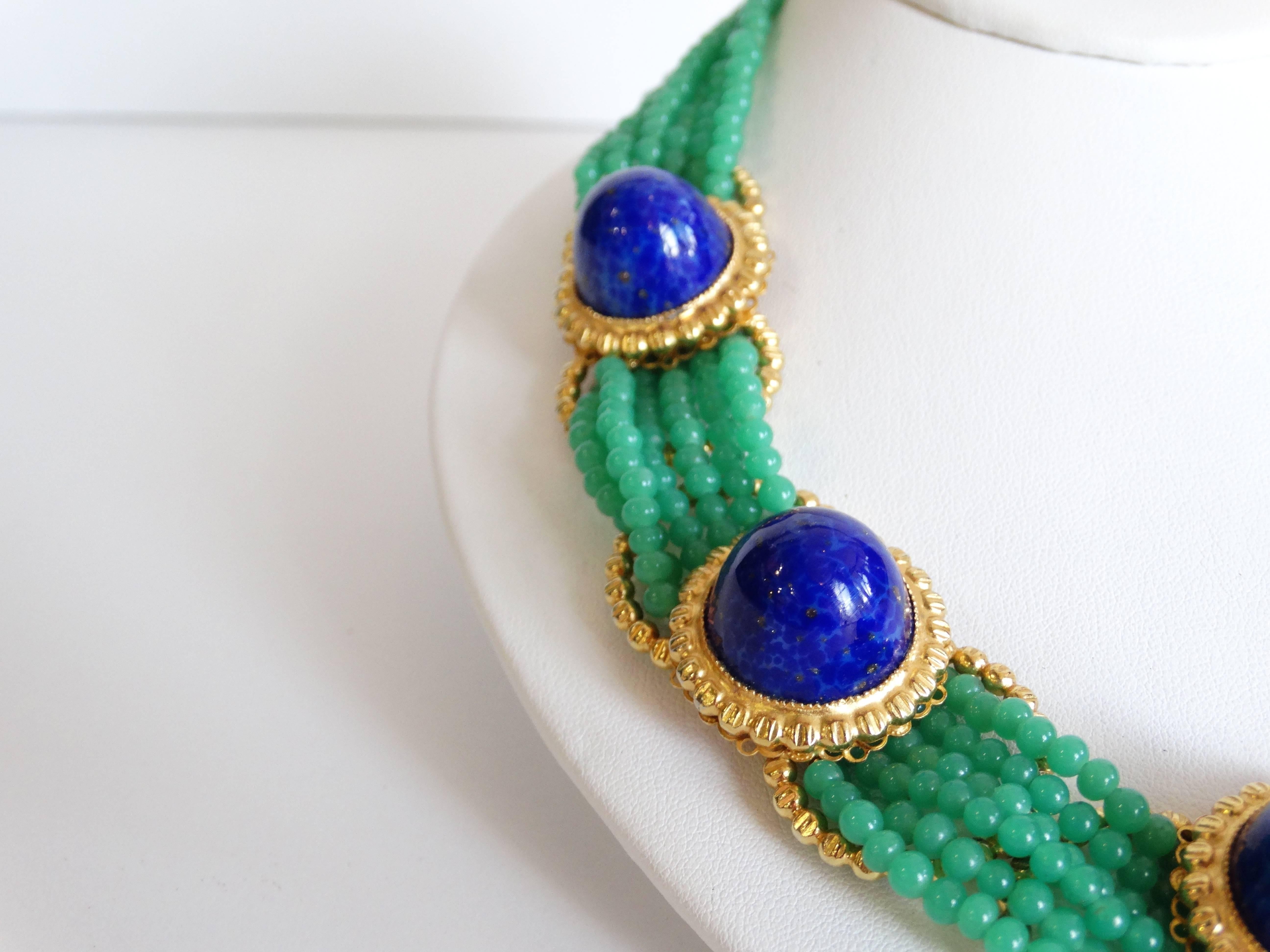 1975 William de Lillo Jade Cameo Glass and Lapis Lazuli Collar Necklace  In Excellent Condition In Scottsdale, AZ