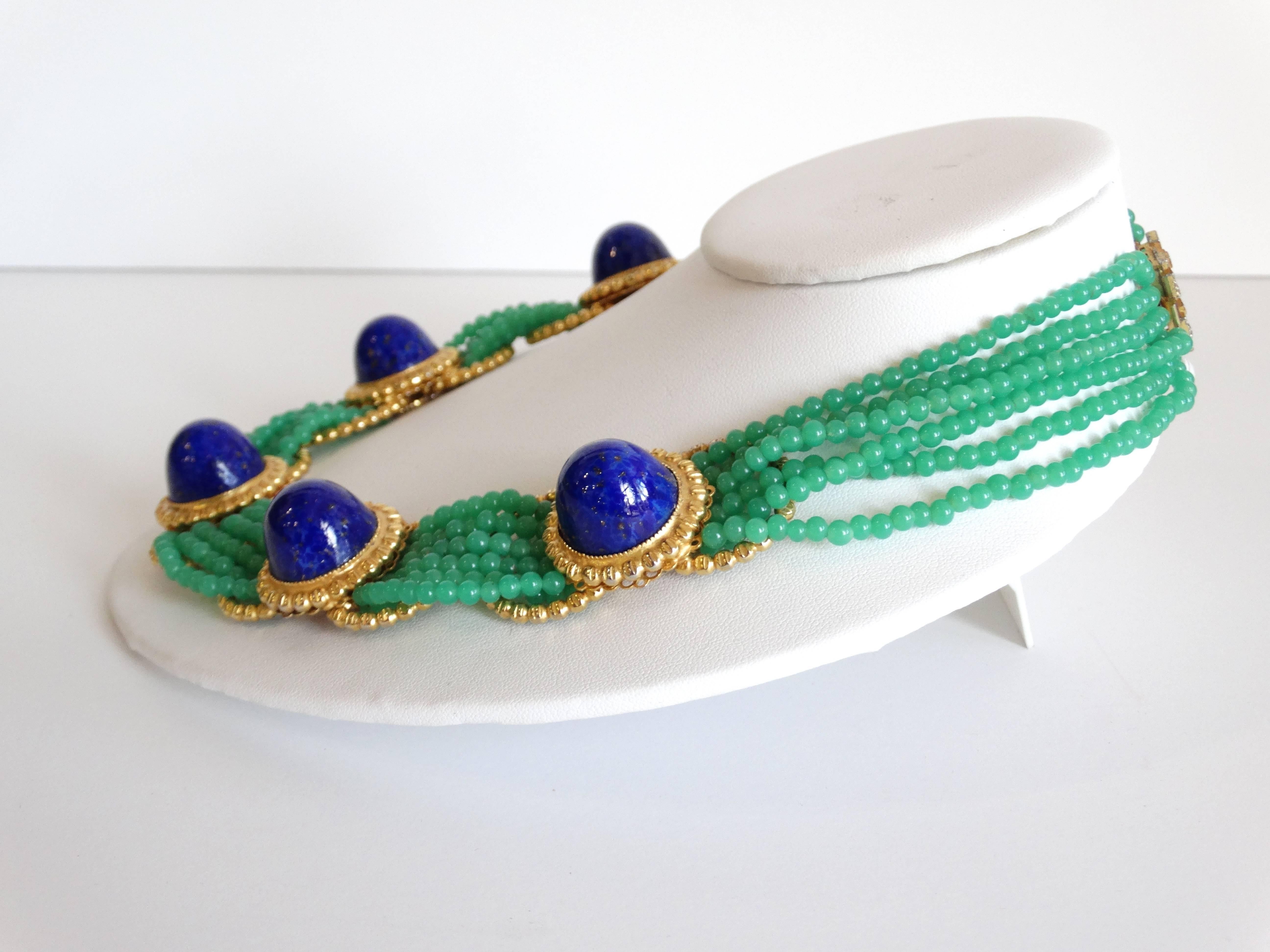 1975 William de Lillo Jade Cameo Glass and Lapis Lazuli Collar Necklace  2