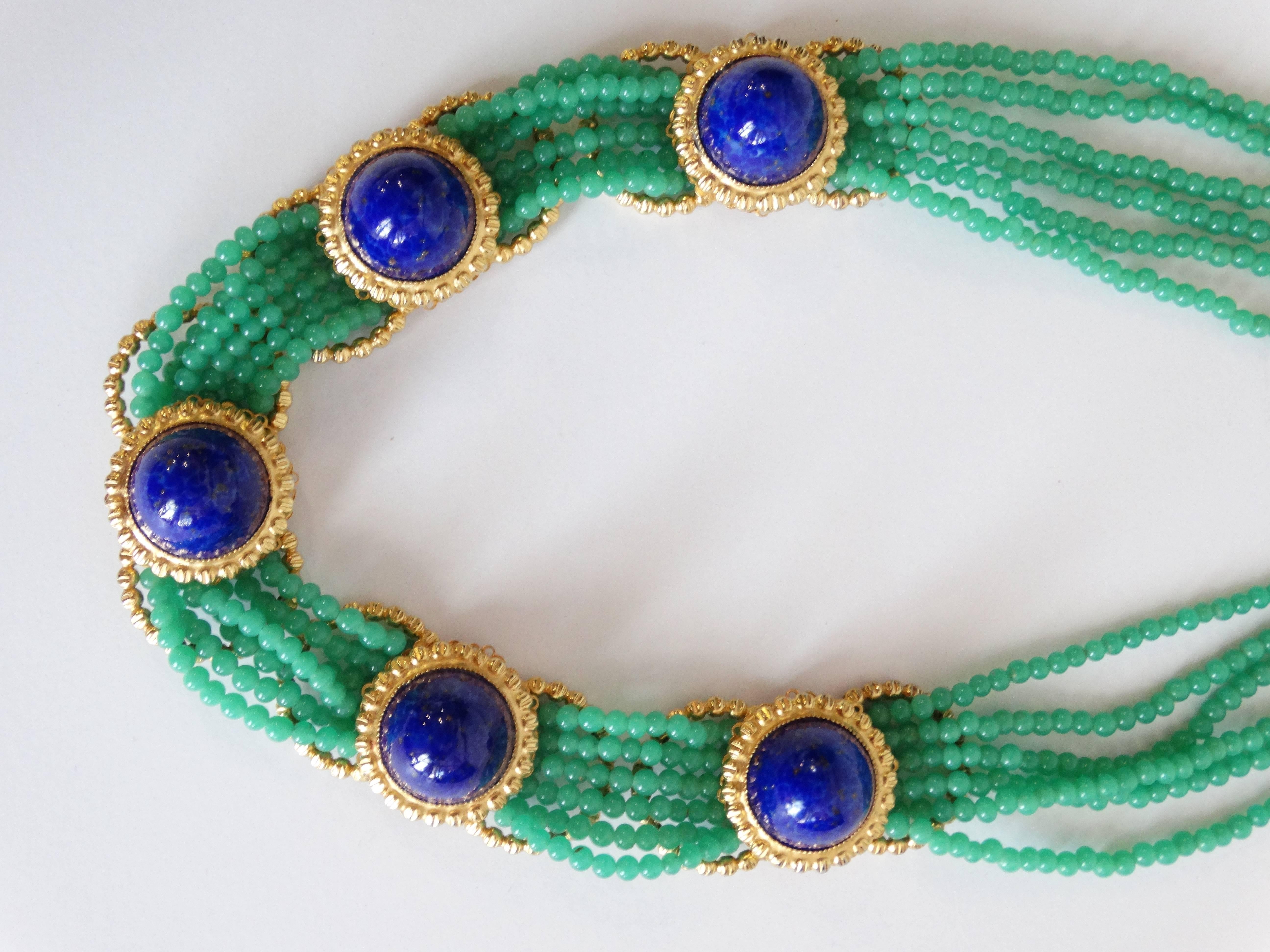 1975 William de Lillo Jade Cameo Glass and Lapis Lazuli Collar Necklace  3