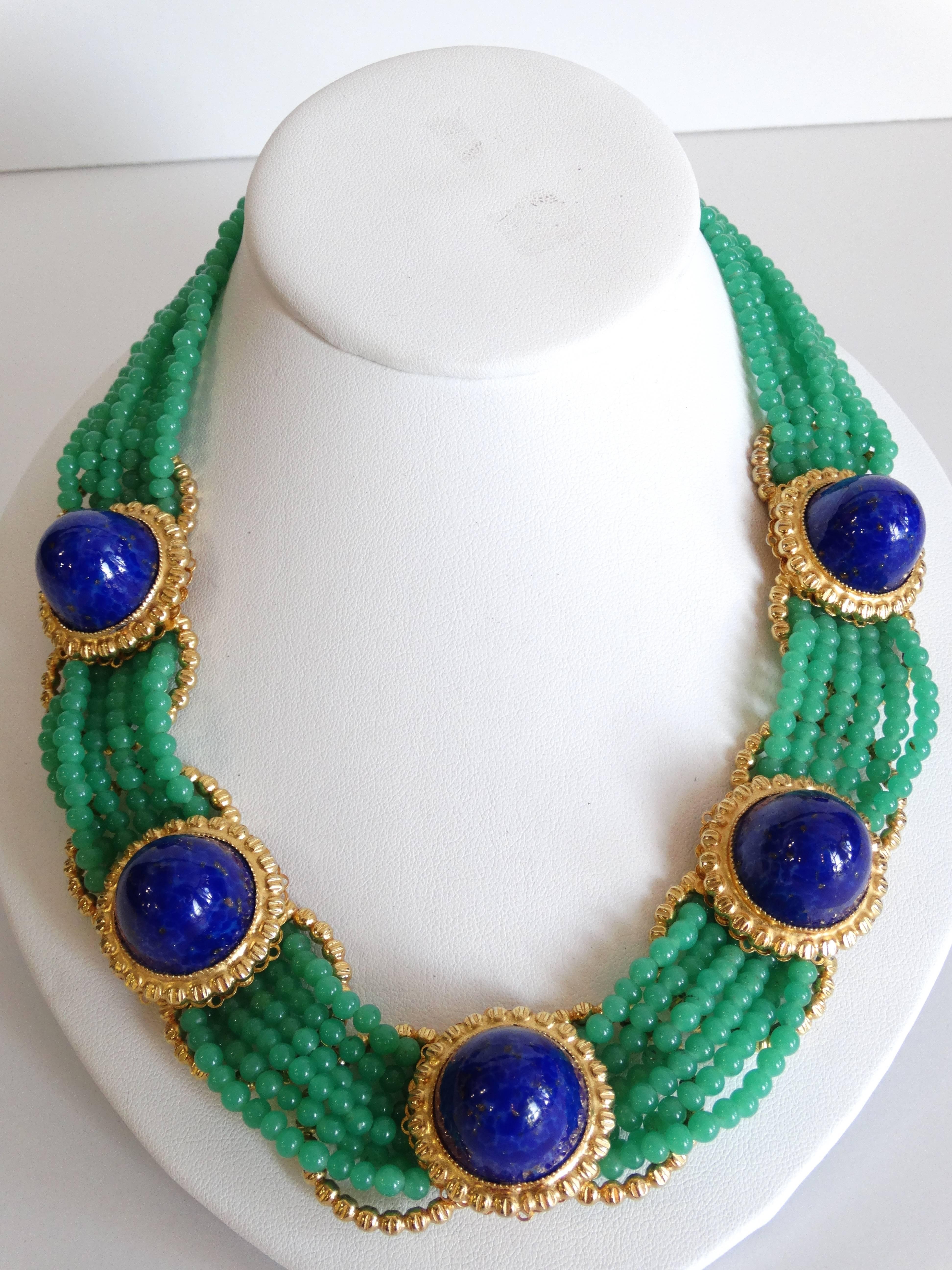 1975 William de Lillo Jade Cameo Glass and Lapis Lazuli Collar Necklace  5