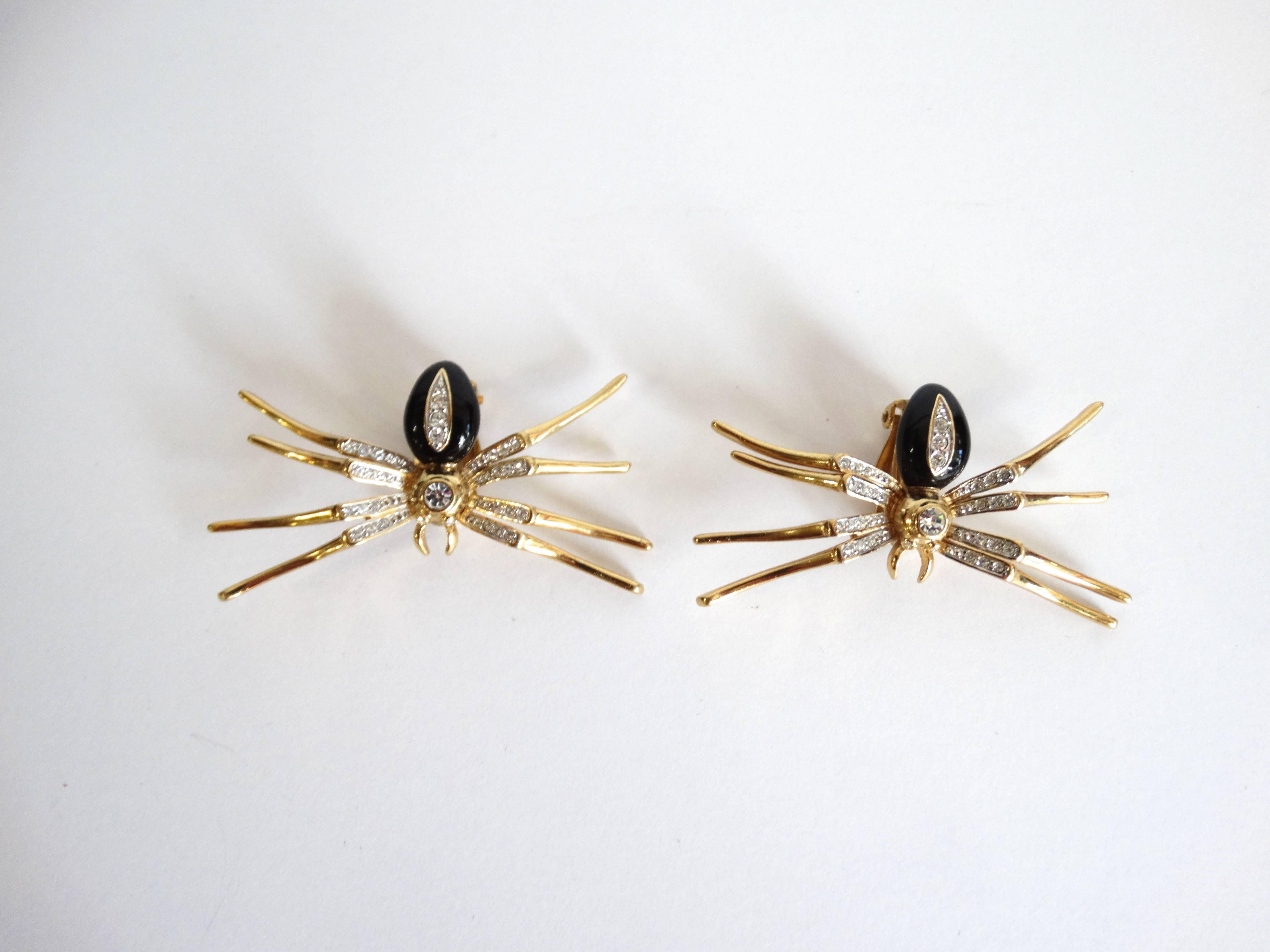Stunning 1980's Black Widow Spider clip-on earrings. Enamel and Crystal Embellishments.

2.25