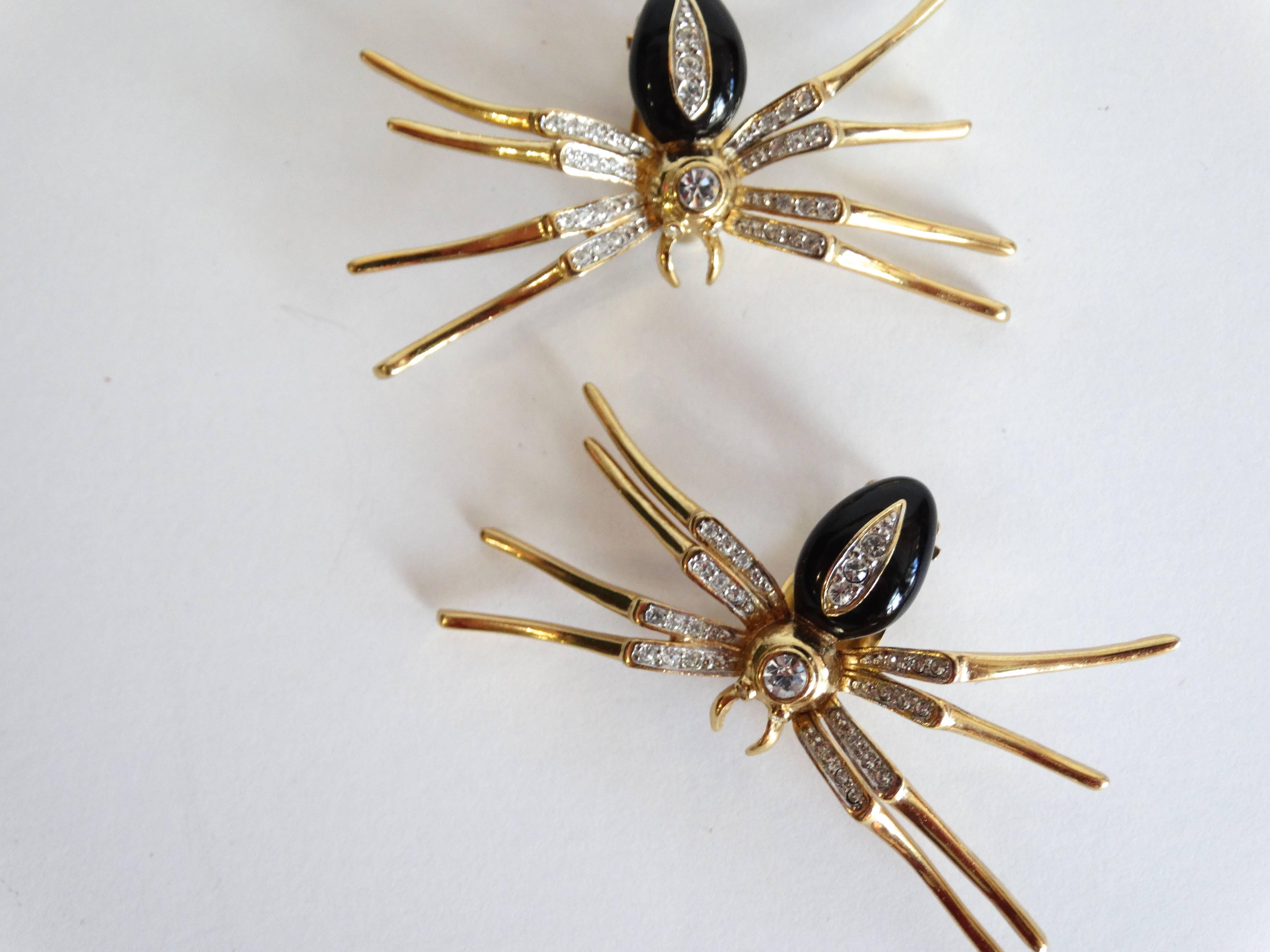 1980s Black Widow Spider Enamel and Crystal Earrings 1