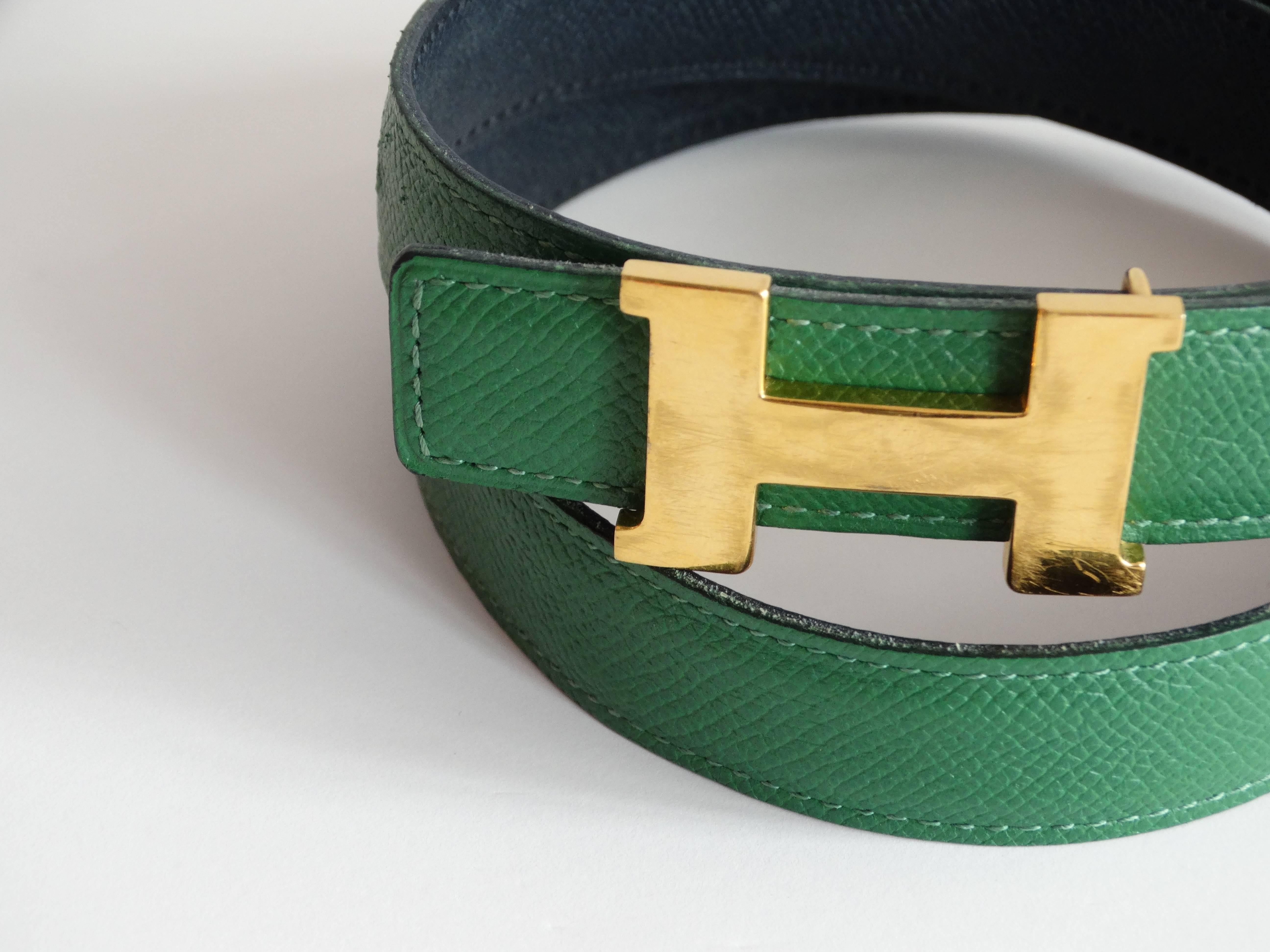 Kelly Green Hermes Constance H Belt. Gold H Hardware. Made in France. 
Marked a Size 72. Hermes signature (photograph in image #6) 24mm belt in green leather 

L 28”-30”
