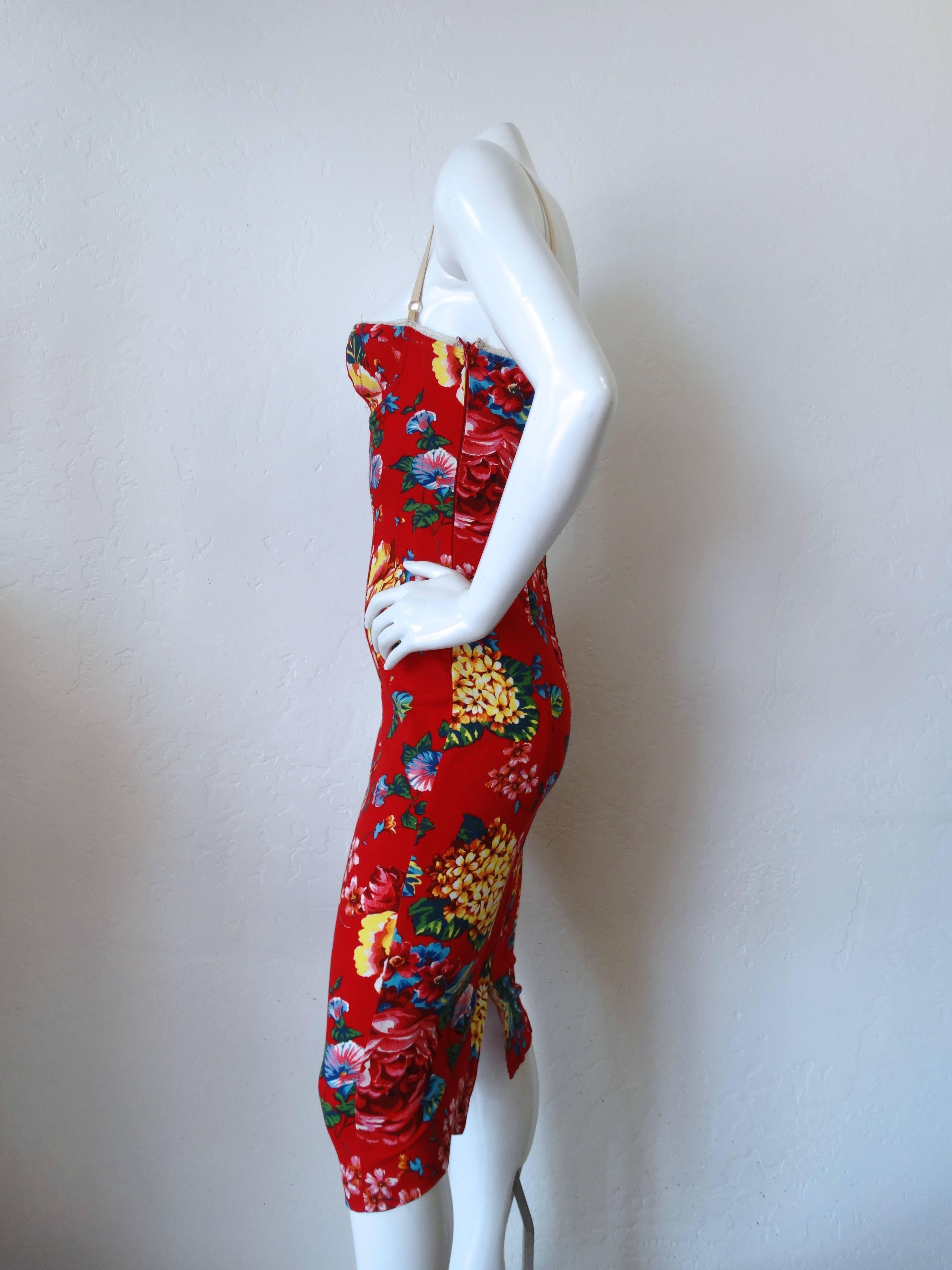 Red 1990s Dolce & Gabbana Cabbage Rose Bodycon Dress