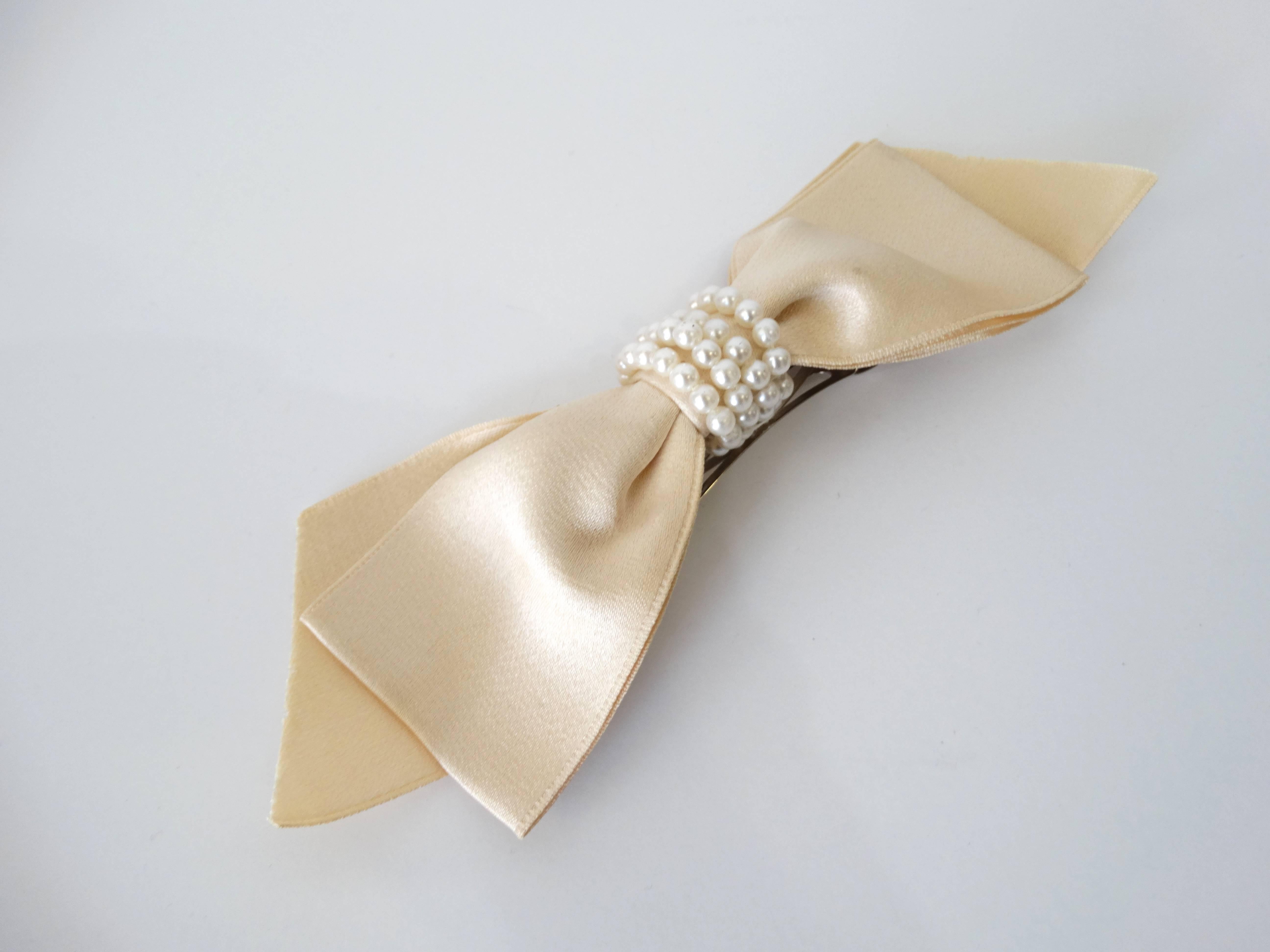 Beige 1980s Chanel Cream Satin Bow Barrette with Pearls 