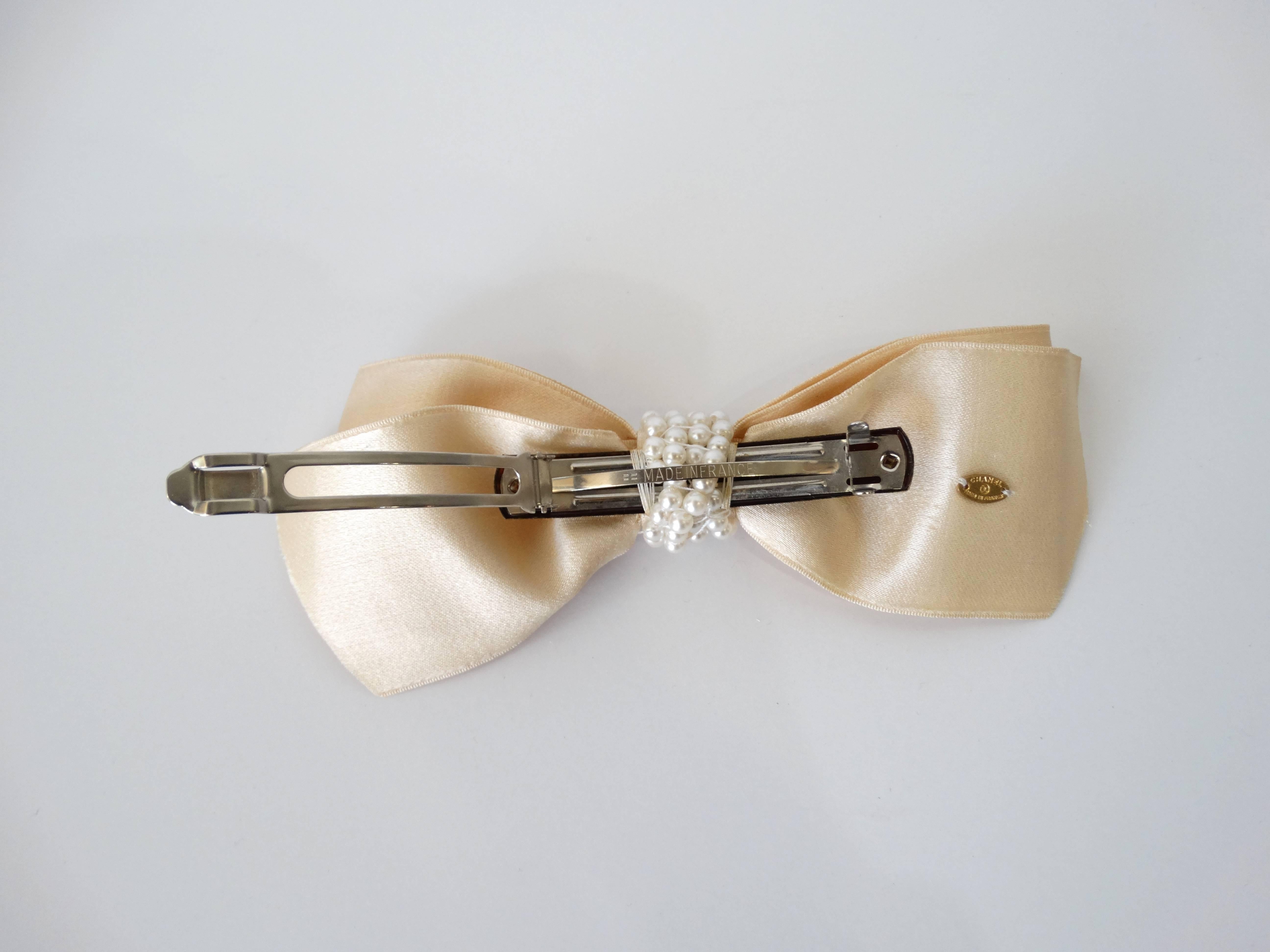 Women's 1980s Chanel Cream Satin Bow Barrette with Pearls 