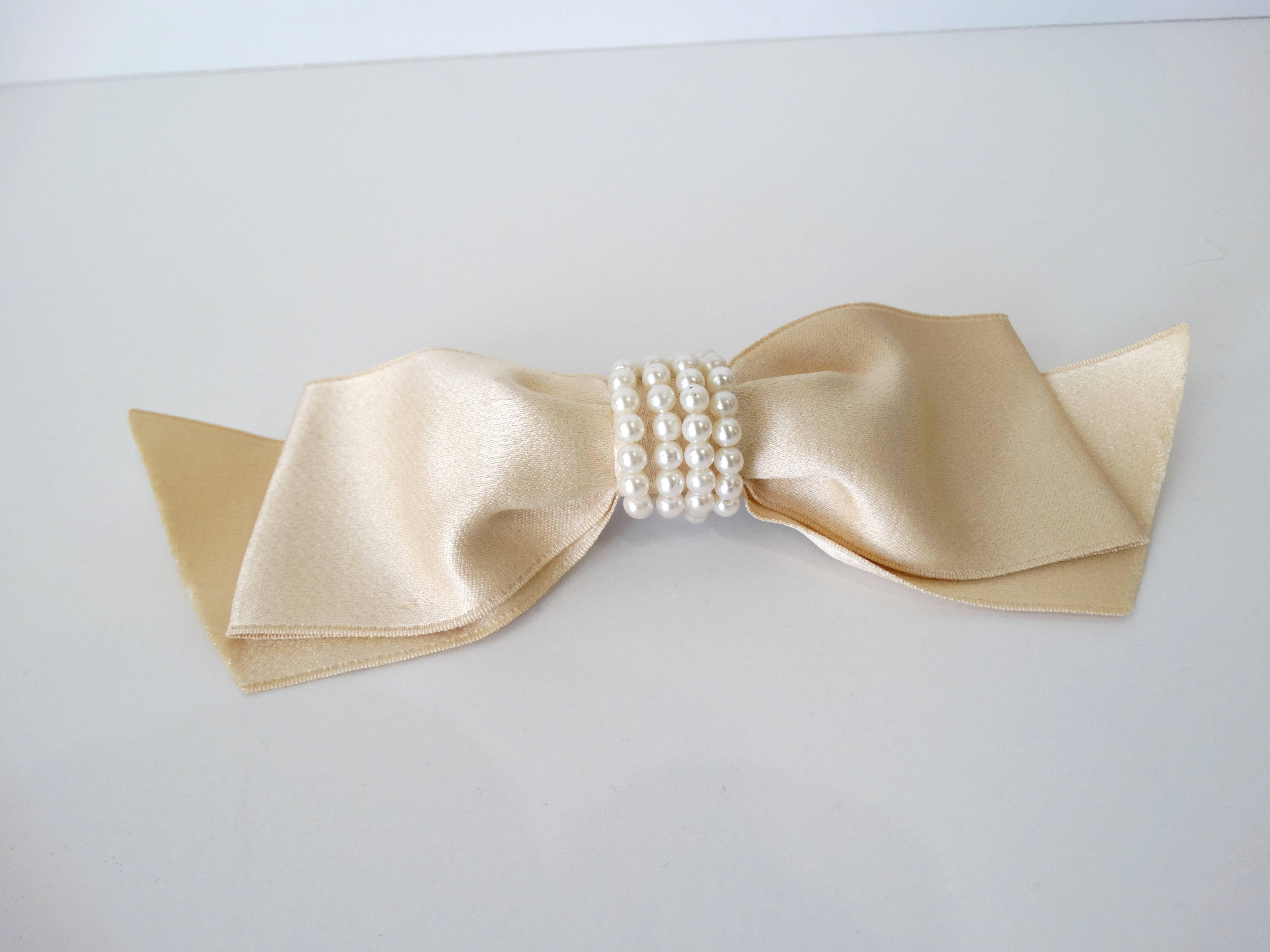 1980s Chanel Cream Satin Bow Barrette with Pearls  1
