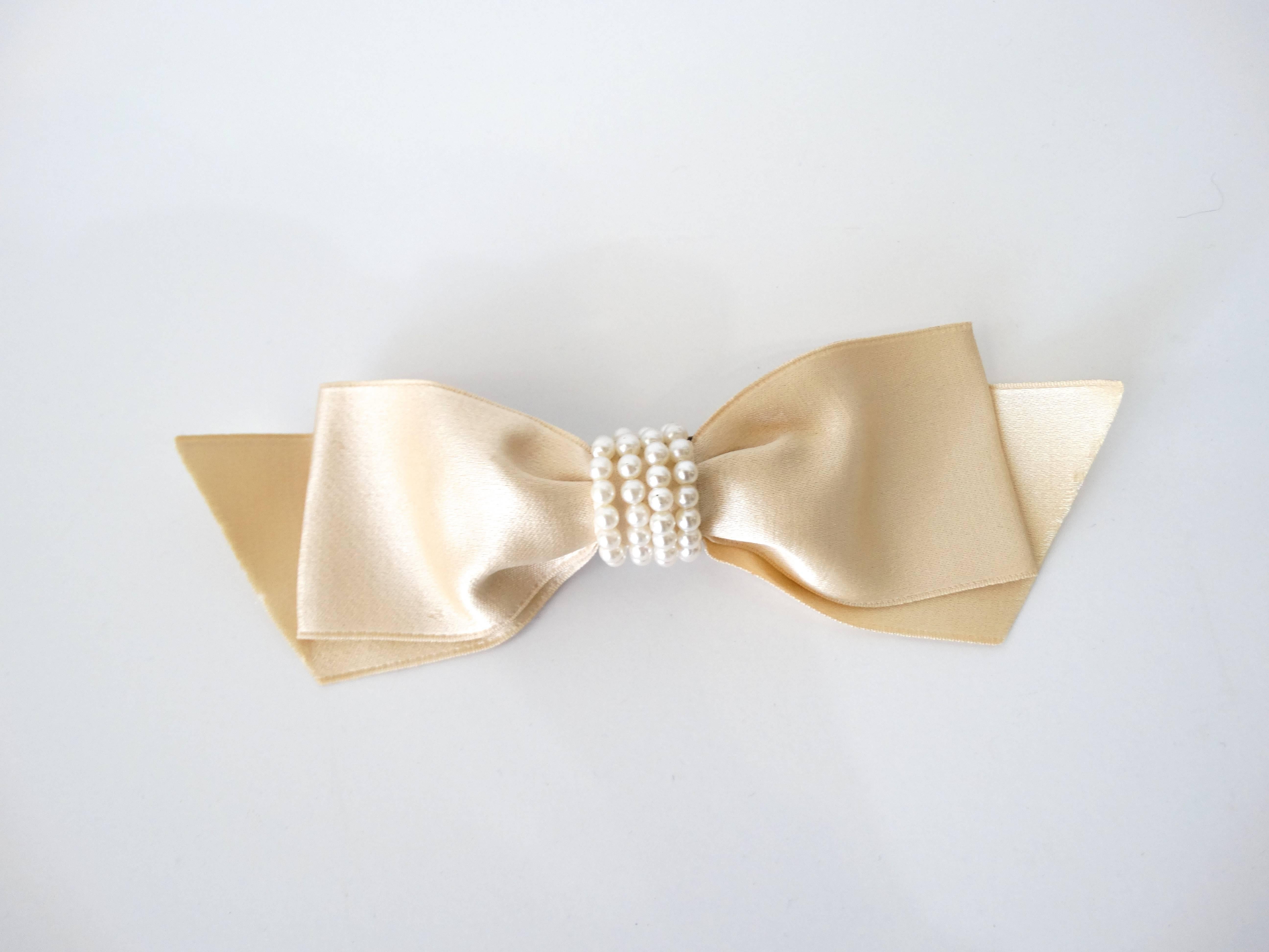 1980s Chanel Cream Satin Bow Barrette with Pearls  In Excellent Condition In Scottsdale, AZ