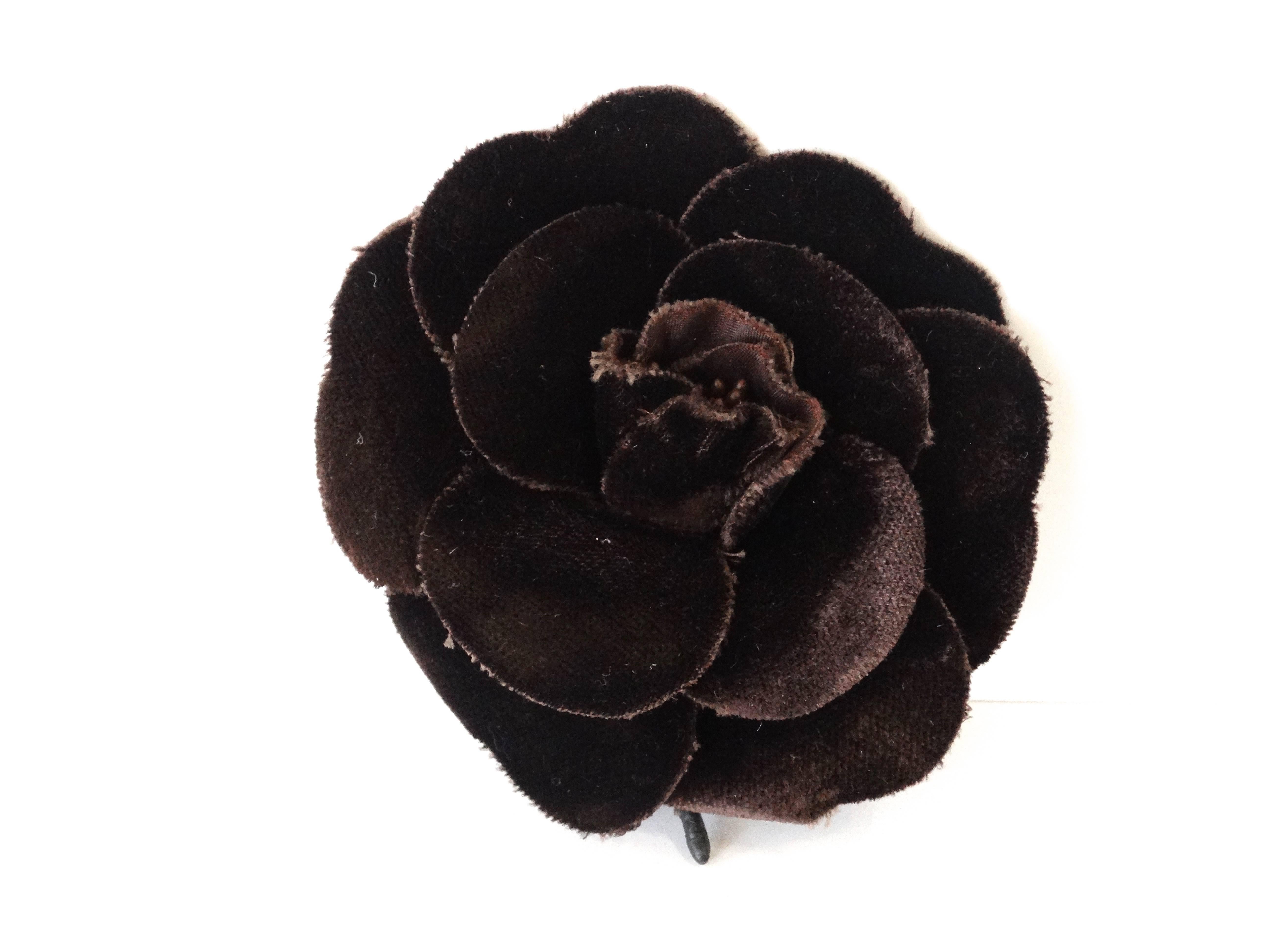 Women's or Men's 1980s Chanel Camellia Velveteen Brooch Pin