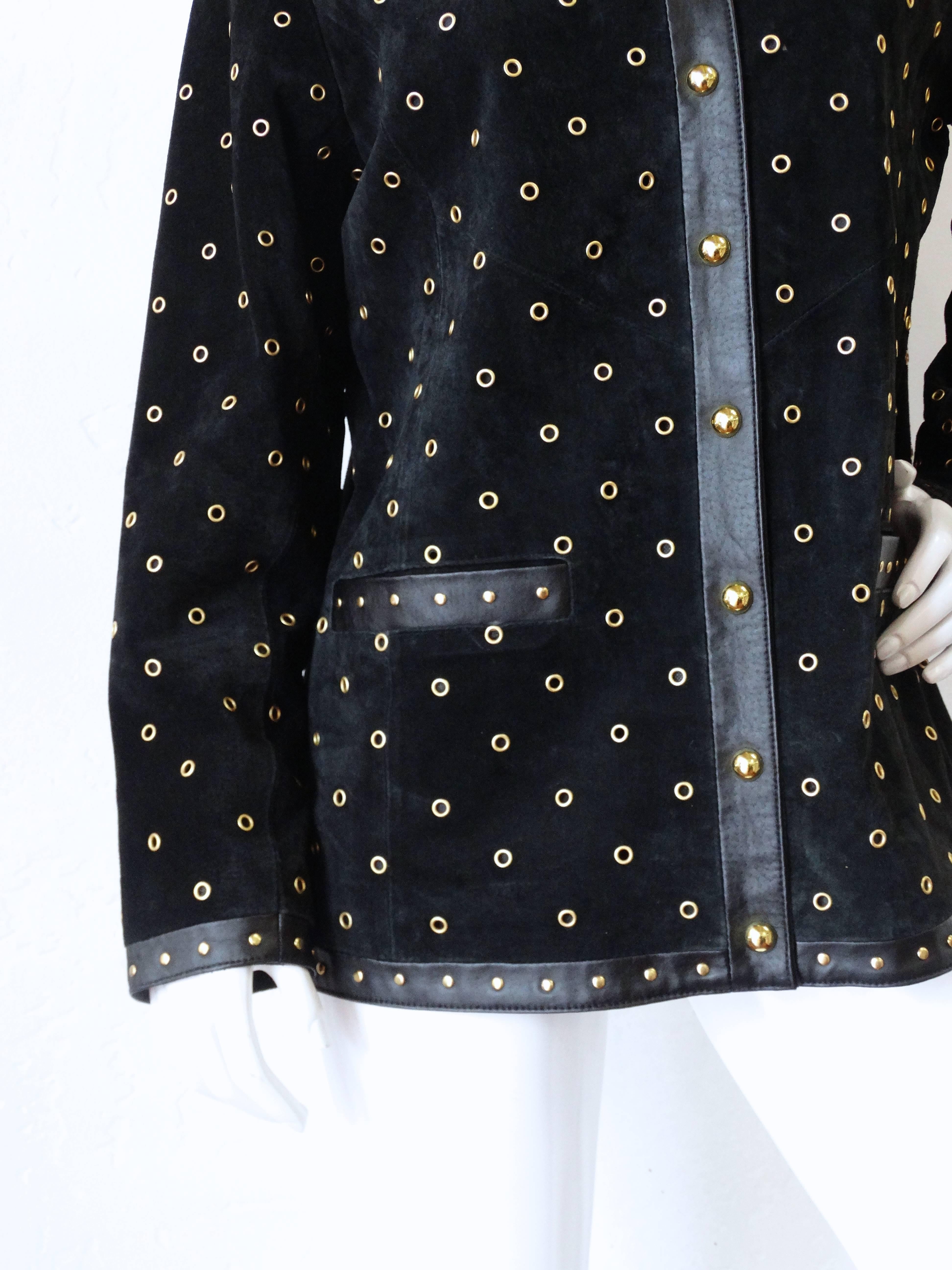 Women's 1980s Black Suede Gold Grommet Jacket