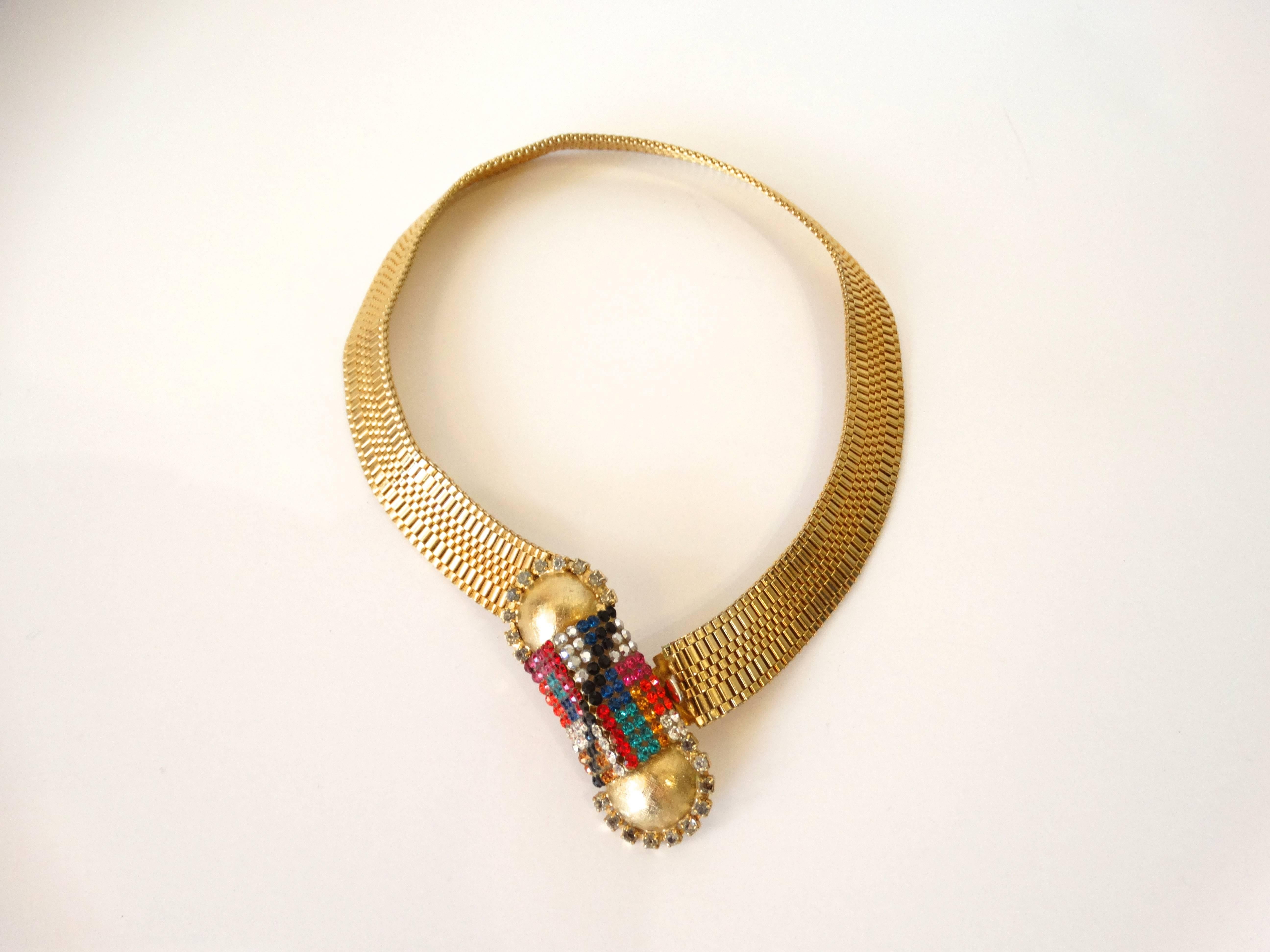 Beautiful collar necklace created by Sonia deMaria Italy. Brilliant faceted Clear, Pink, Green, Blue, Amber, Black, Aqua, Silver and Red, Rhinestones. Lots of shimmer and shine in a this fabulous necklace. Signed on the back as shown Fits on the