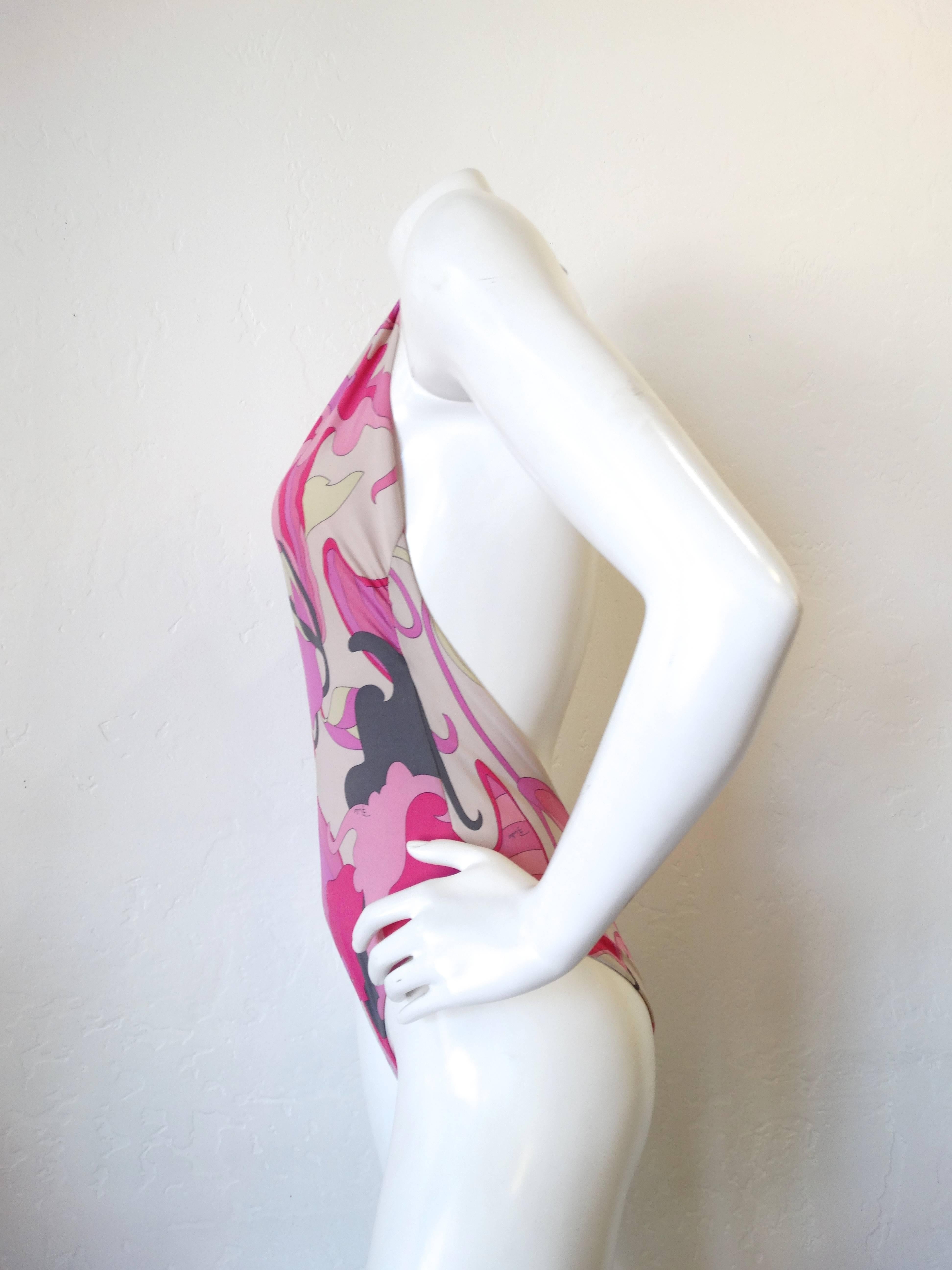 Emilio Pucci Pink Printed Deep V Halter Swimsuit  In Good Condition In Scottsdale, AZ