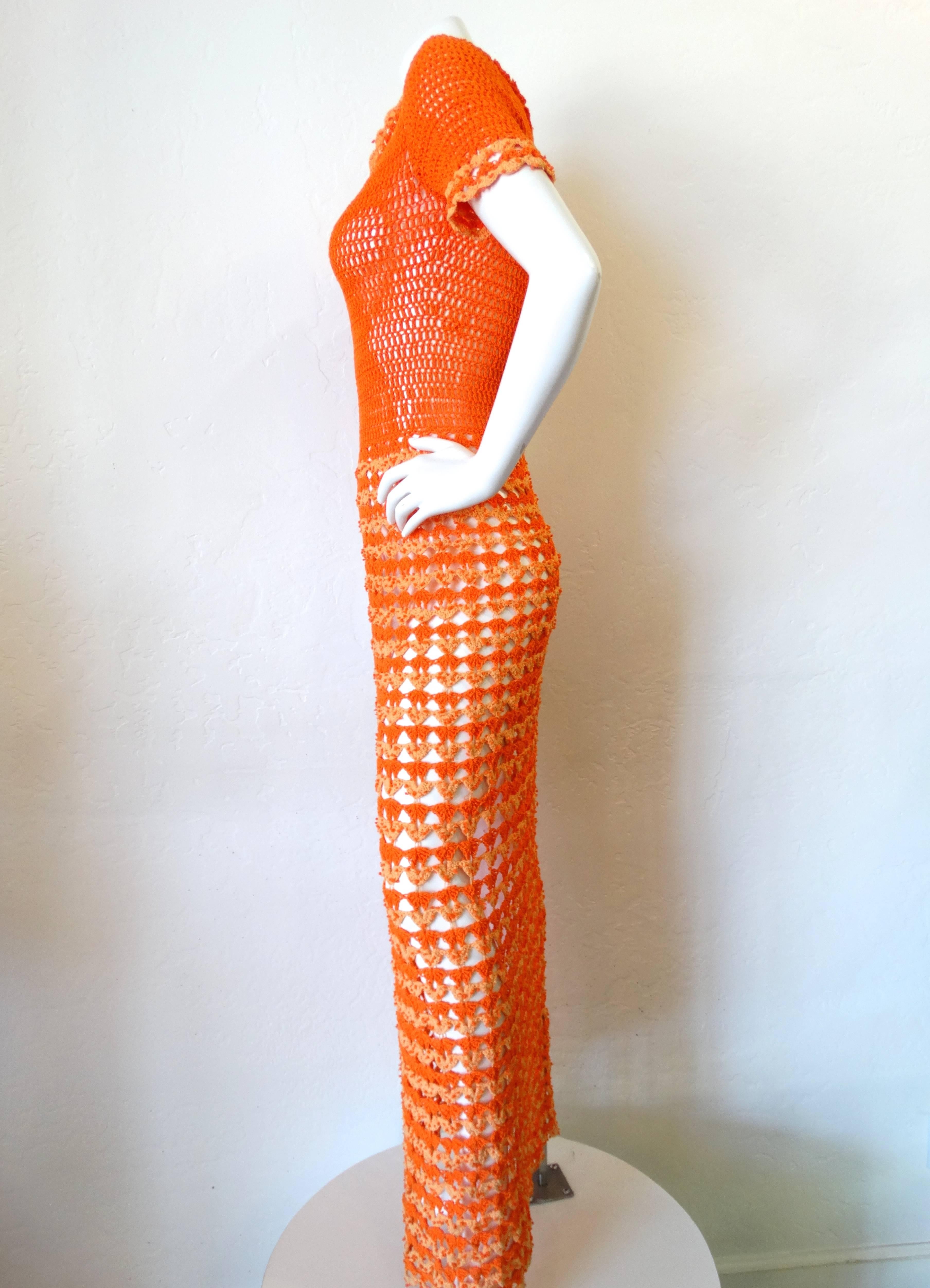 Women's Fabulous 1970s Orange Crochet Gown