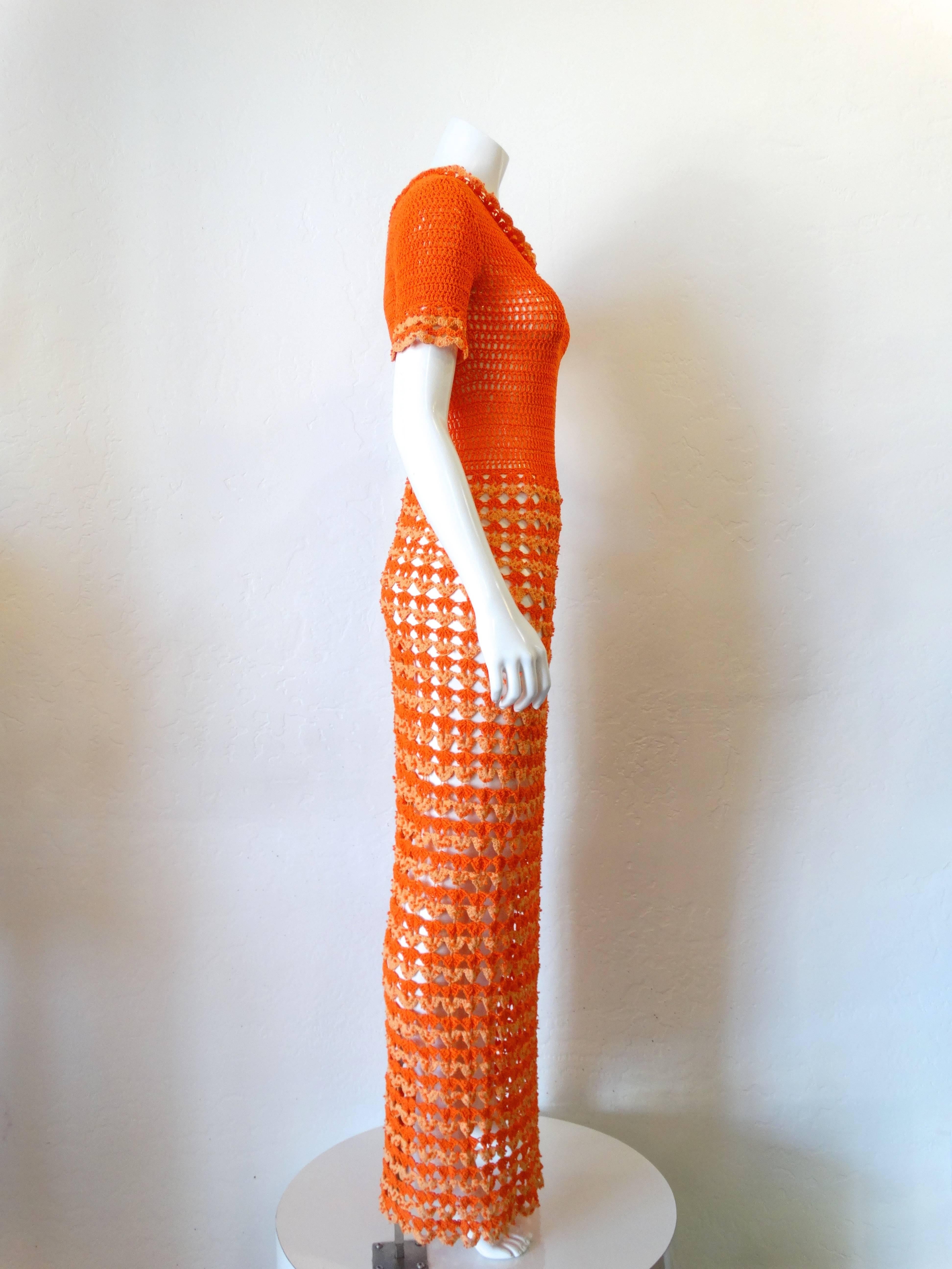 Fabulous 1970s Orange Crochet Gown 1