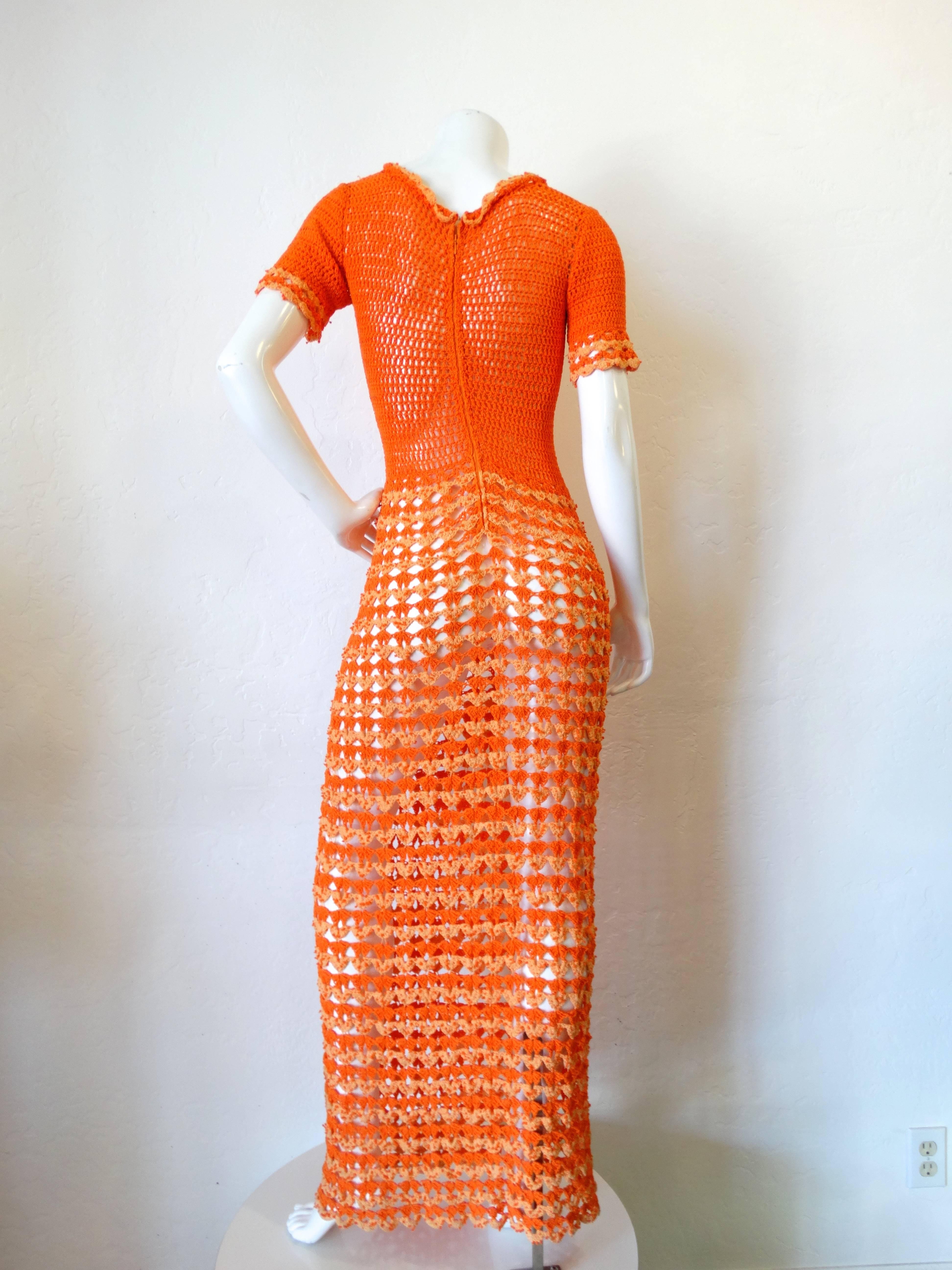 Fabulous 1970s Orange Crochet Gown 3