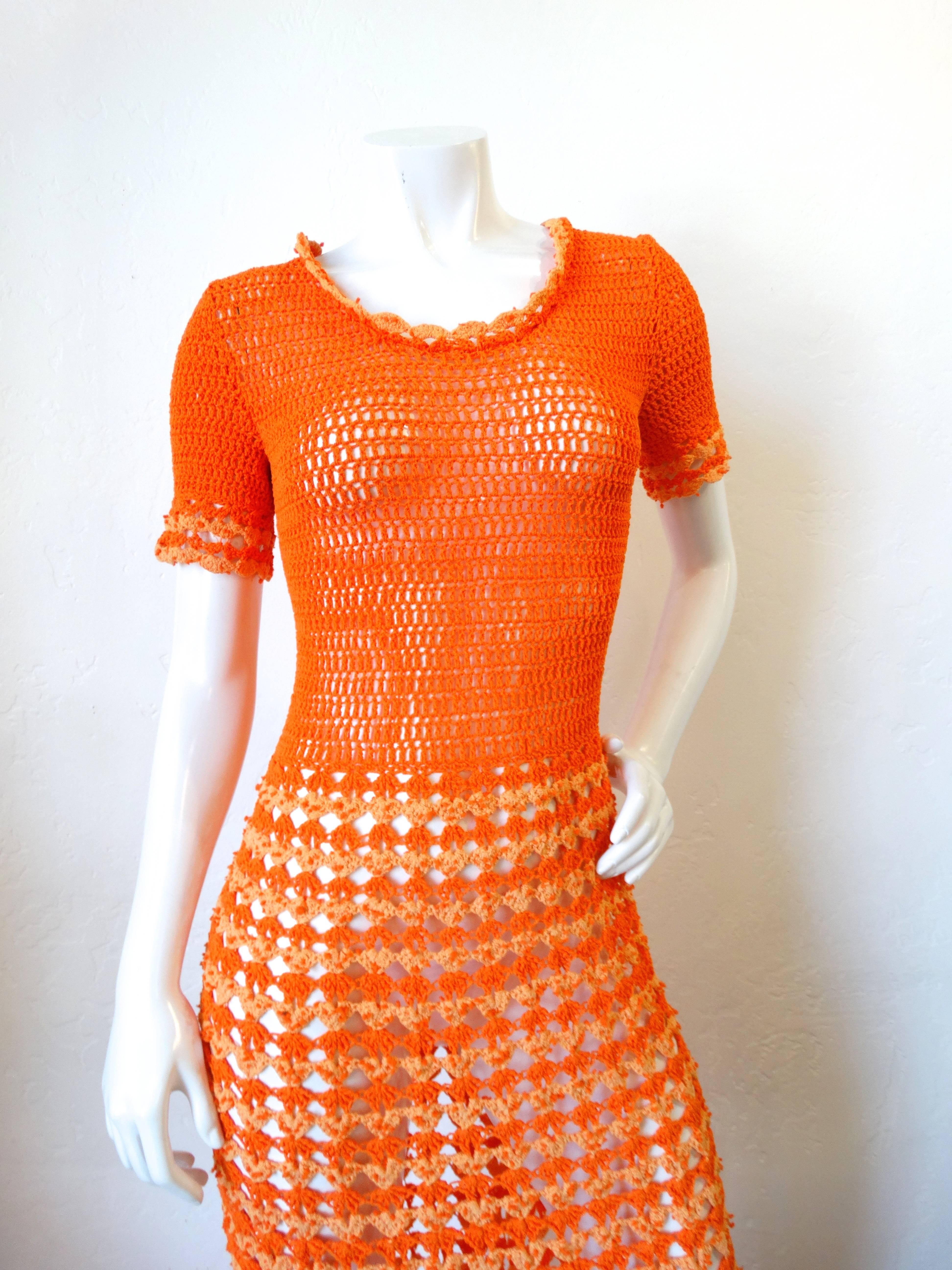 Fabulous 1970s Orange Crochet Gown In Excellent Condition In Scottsdale, AZ