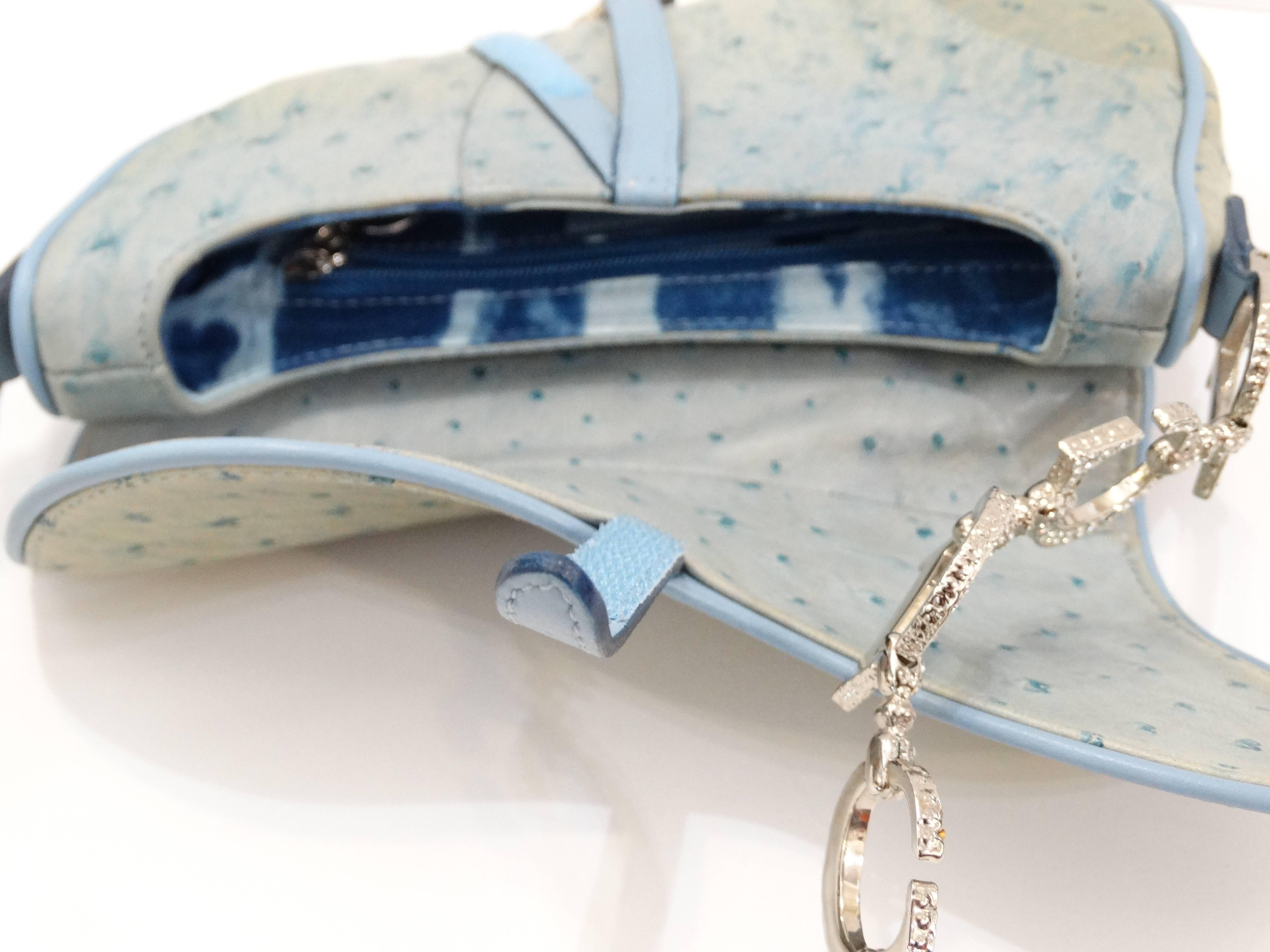 Christian Dior Pastel Blue 'Saddle' Bag in Ostrich with Rhinestone CD Hardware In Excellent Condition In Scottsdale, AZ