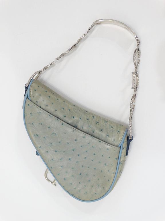 Christian Dior Pastel Blue 'Saddle' Bag in Ostrich with Rhinestone CD