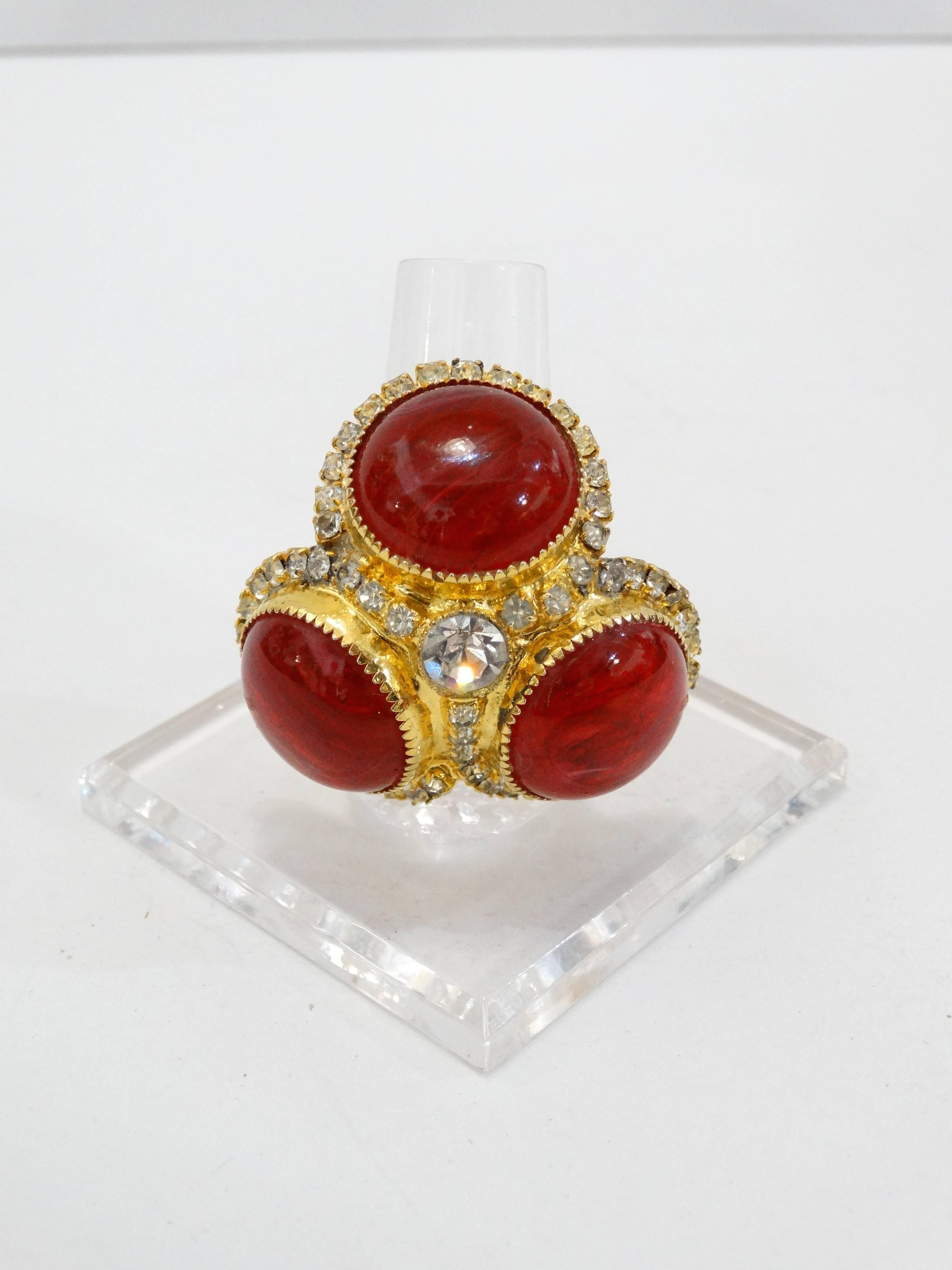 Incredible 1970s De Lillo statement cocktail ring! Brilliant red glass beads with crystal details. Intricate gold metal work with braided band. Signed by De Lillo. One size fits all! 