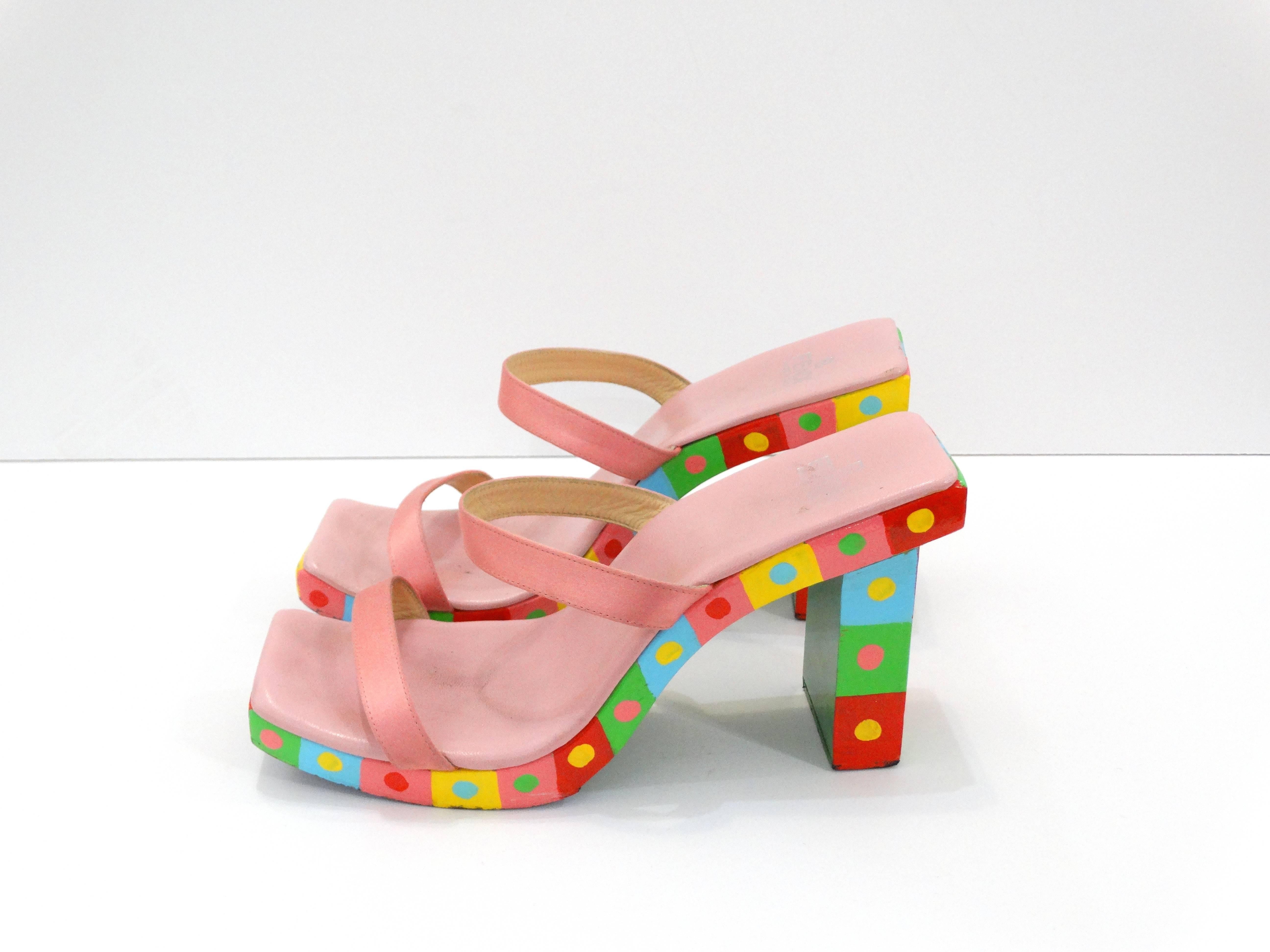 The most amazing pair of 1990s Fendi Sandals! Wooden block heel painted in multicolored checkers and dots! Lacquered finish. Pink satin double strap. Very light wear, some grey discoloration on the soles as pictured. Marked an 8 1/2. 