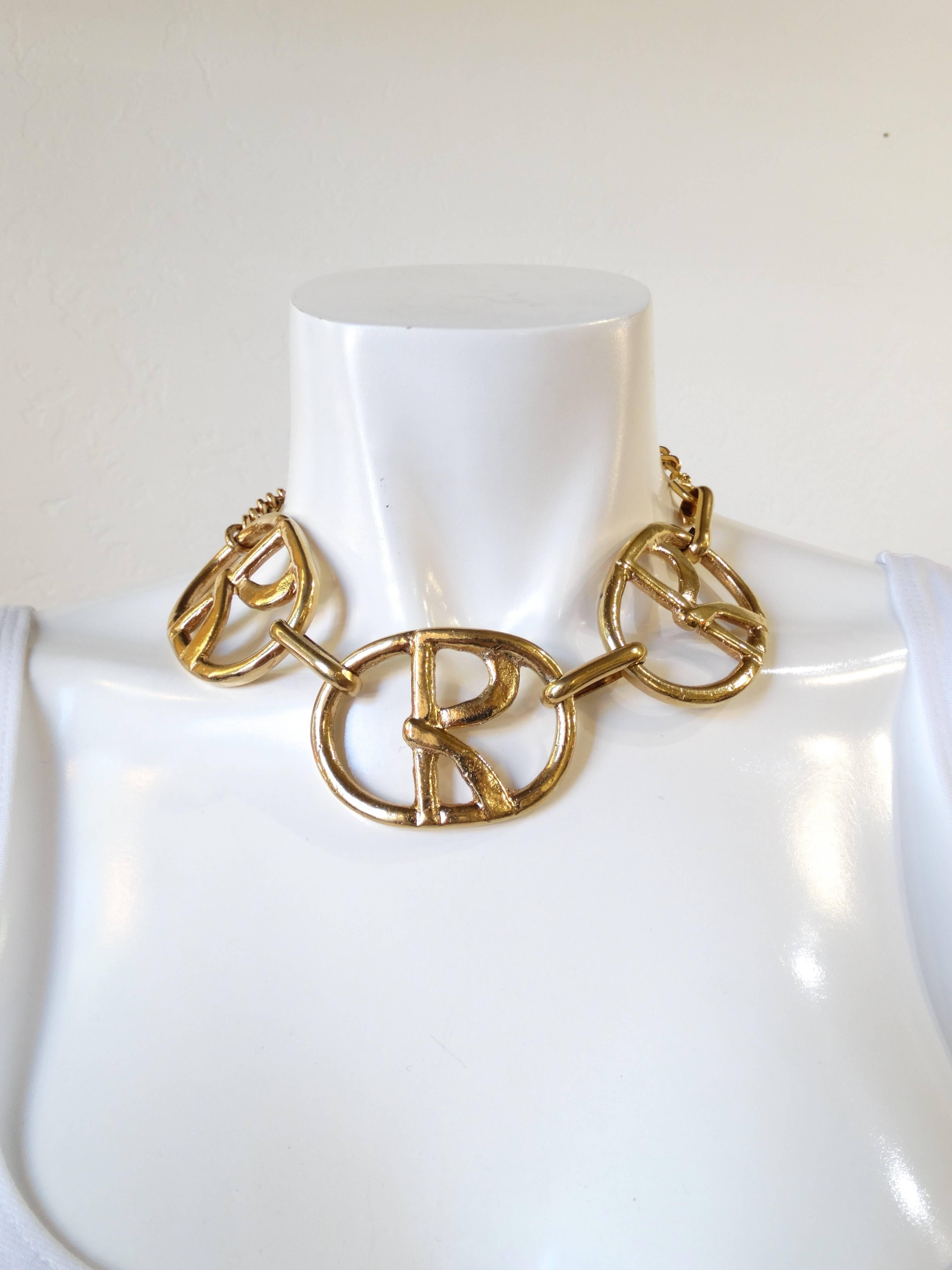 Incredible 1980s Roberta Di Camerino thick plated gold choker! Heavy gold metal with 3 Large 