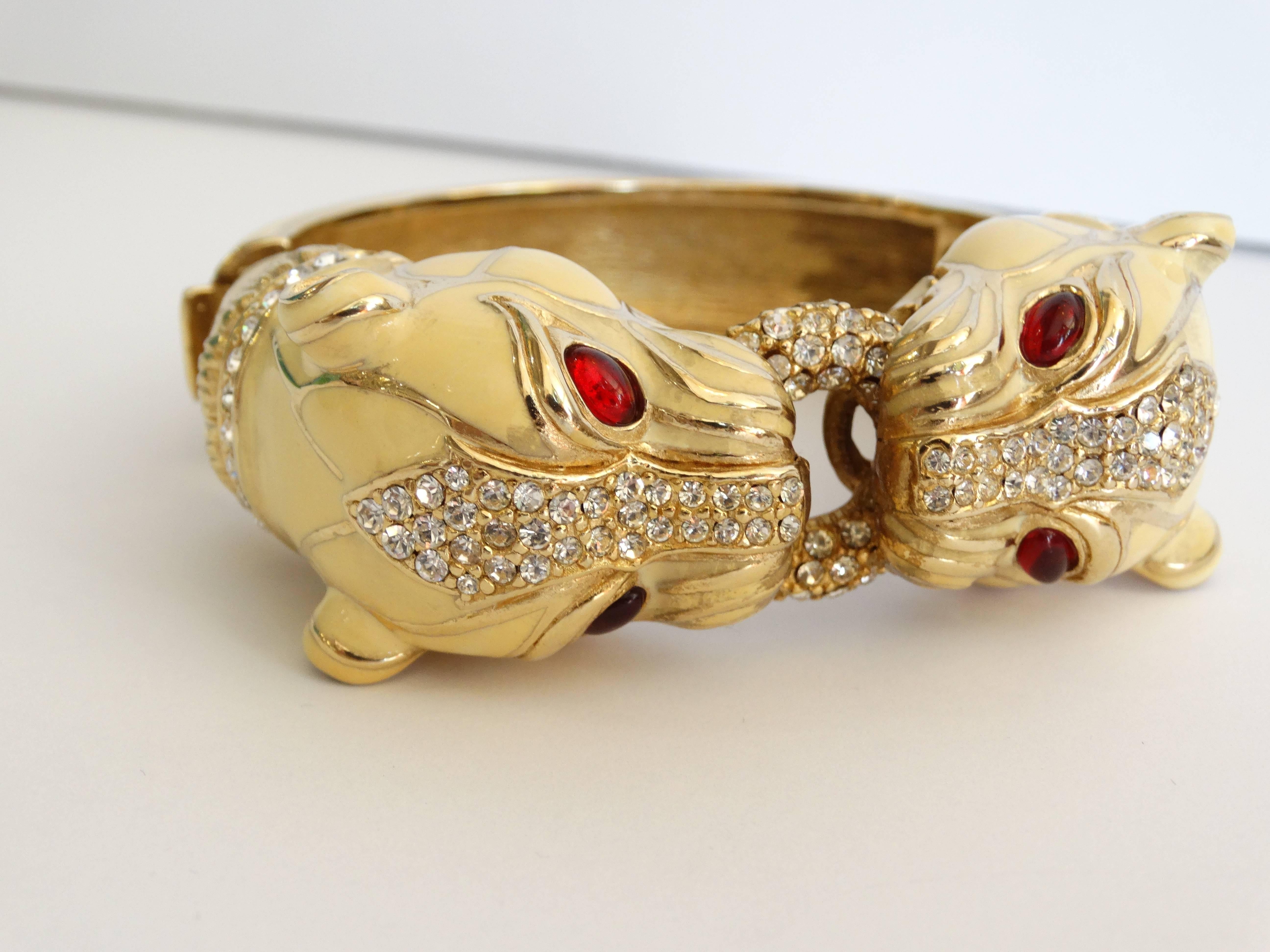 Women's or Men's 1970s Ciner Double Headed Panther Jeweled Bracelet