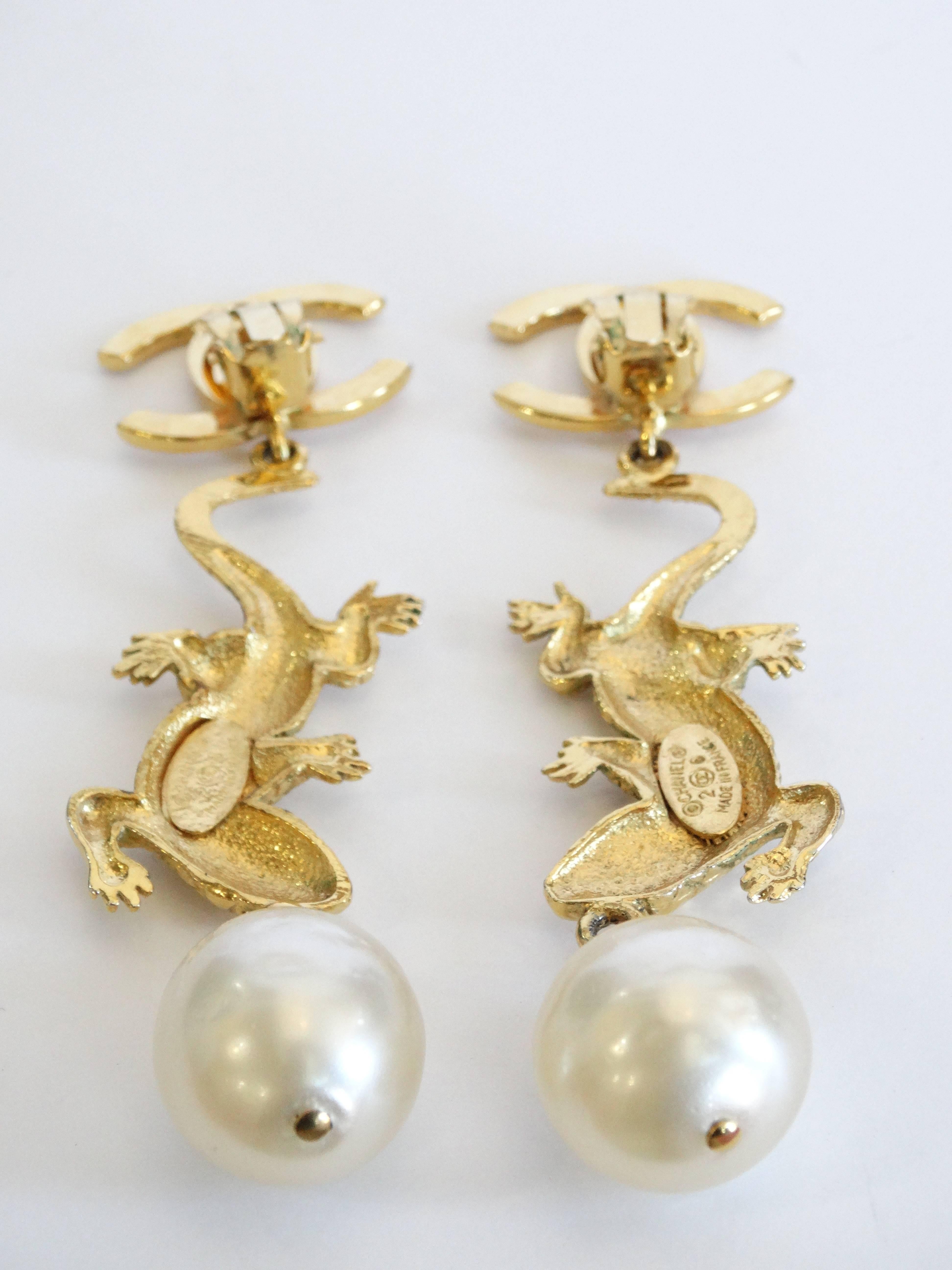 Massive 1980s Chanel Lizard Pearl Earrings 1