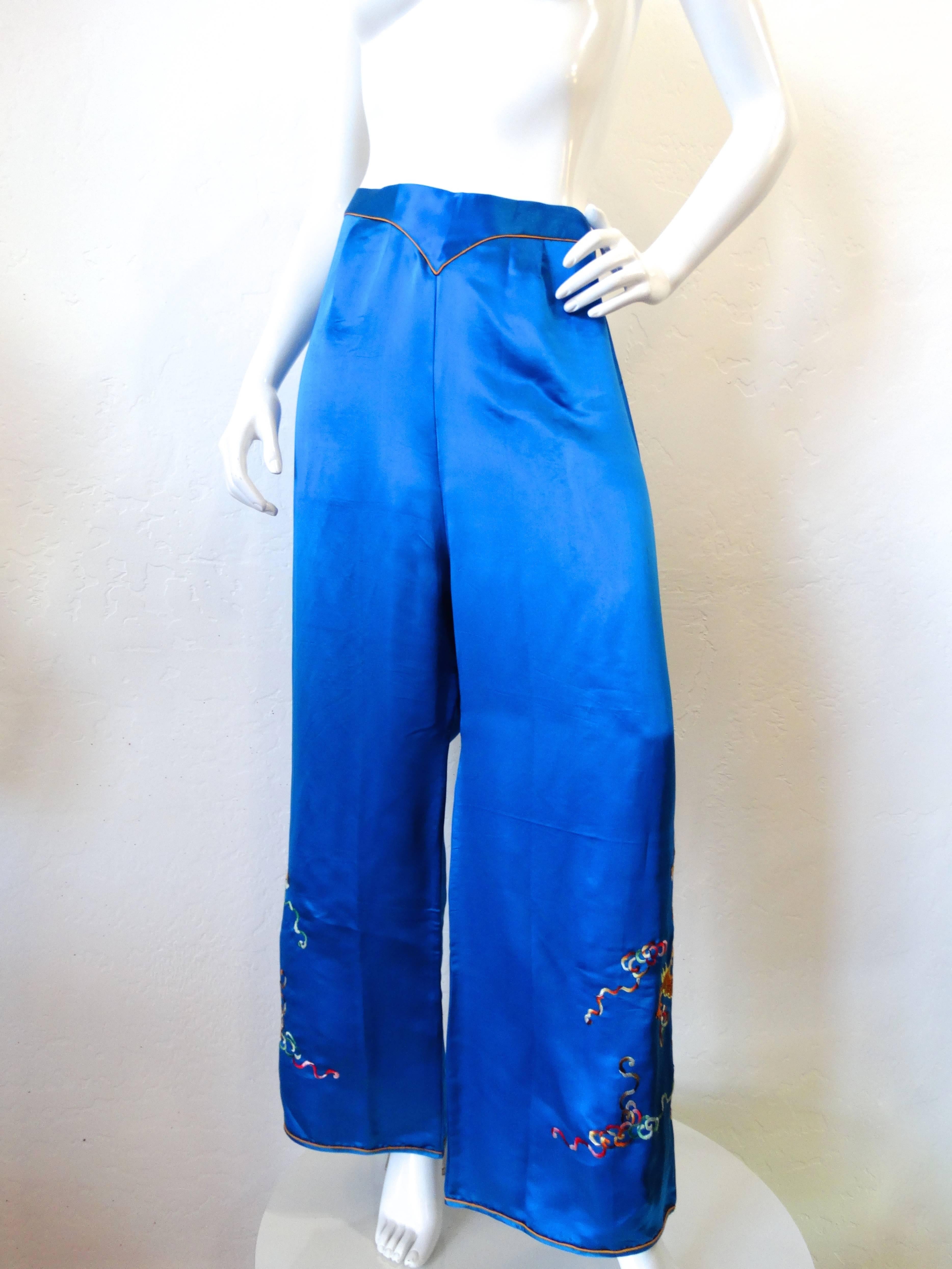 Blue 1940s Yang & Yin Embroidered Silk Pajama Set