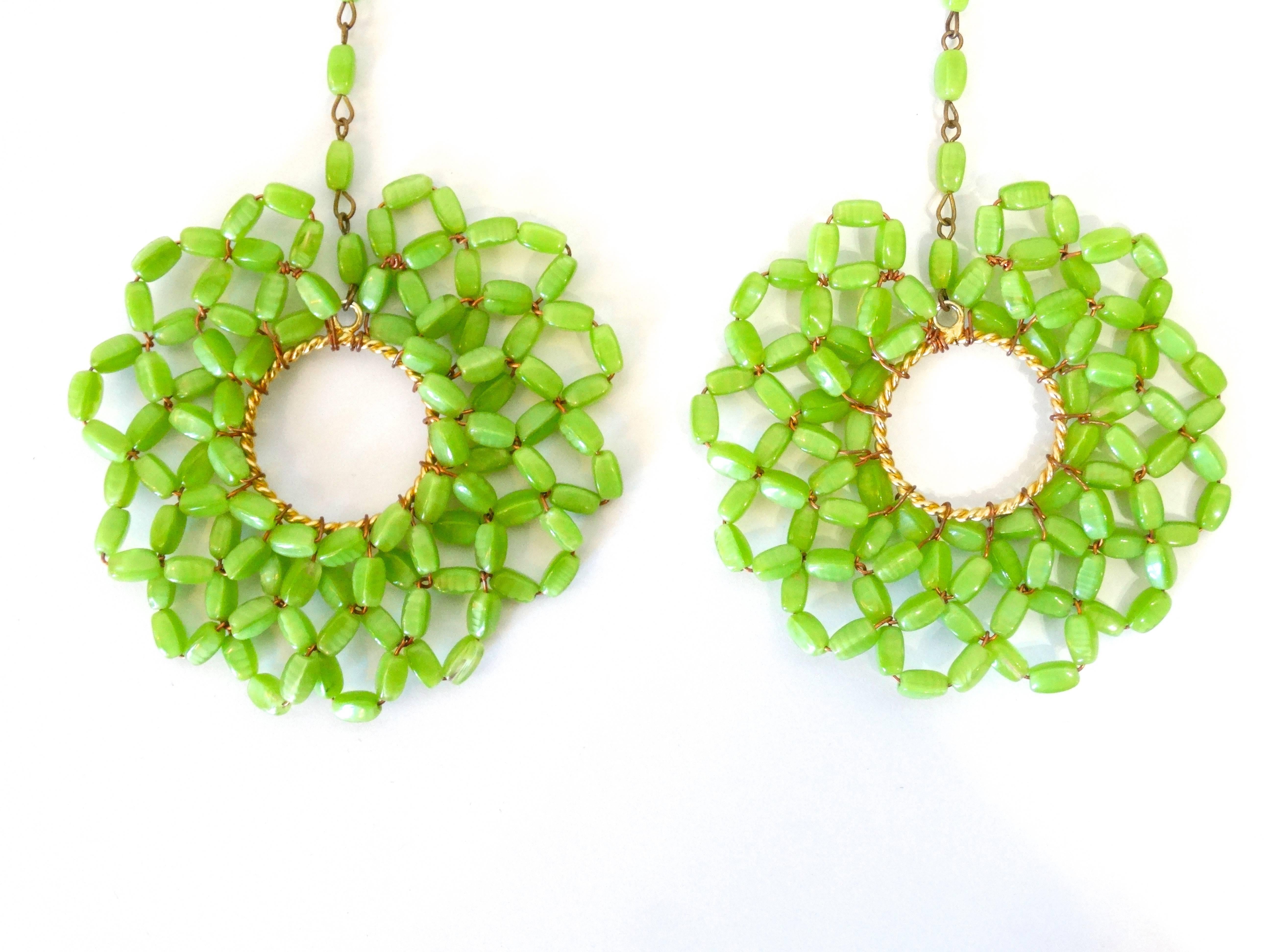 A fabulous pair of 1960's lime beaded circular woven drop earrings. Super fun style, drops down 4 inches. Clip-On's light in weight! Designed by Le Somale
