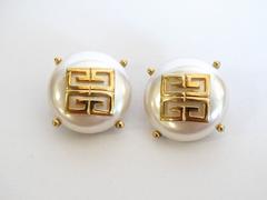 Rare  1980s Huge GIVENCHY Faux Pearl Logo Button Earrings
